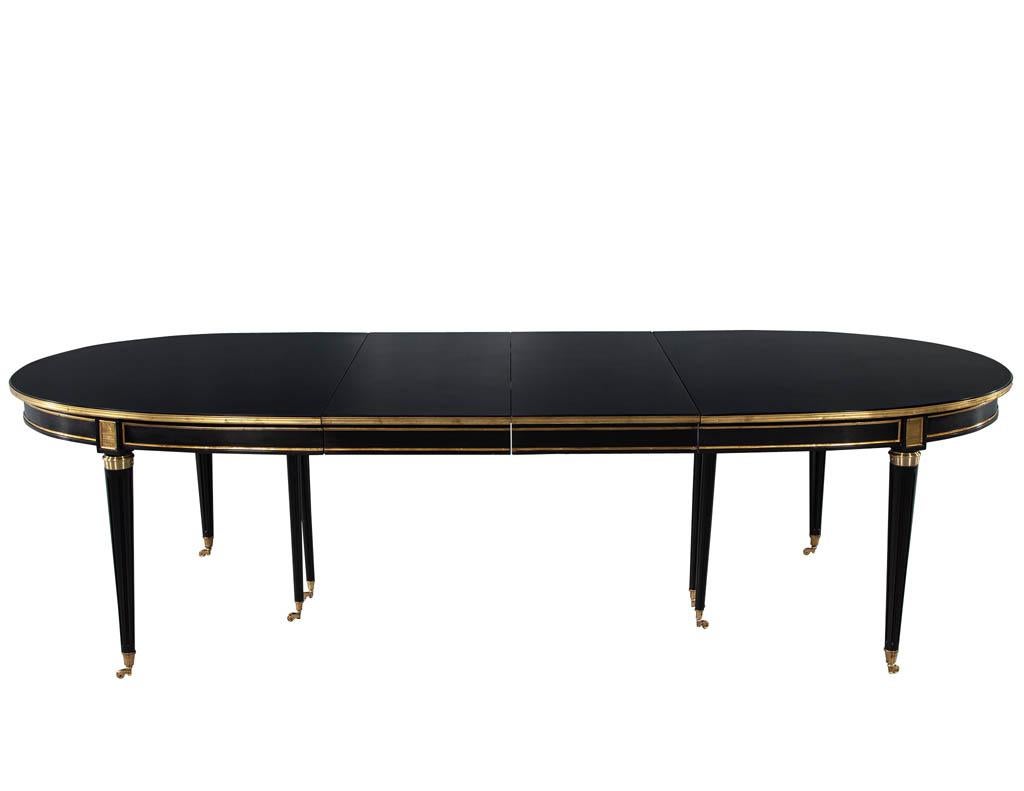 Louis XVI French 1940s Maison Jansen Dining Table in Polished Black with Brass Detailing