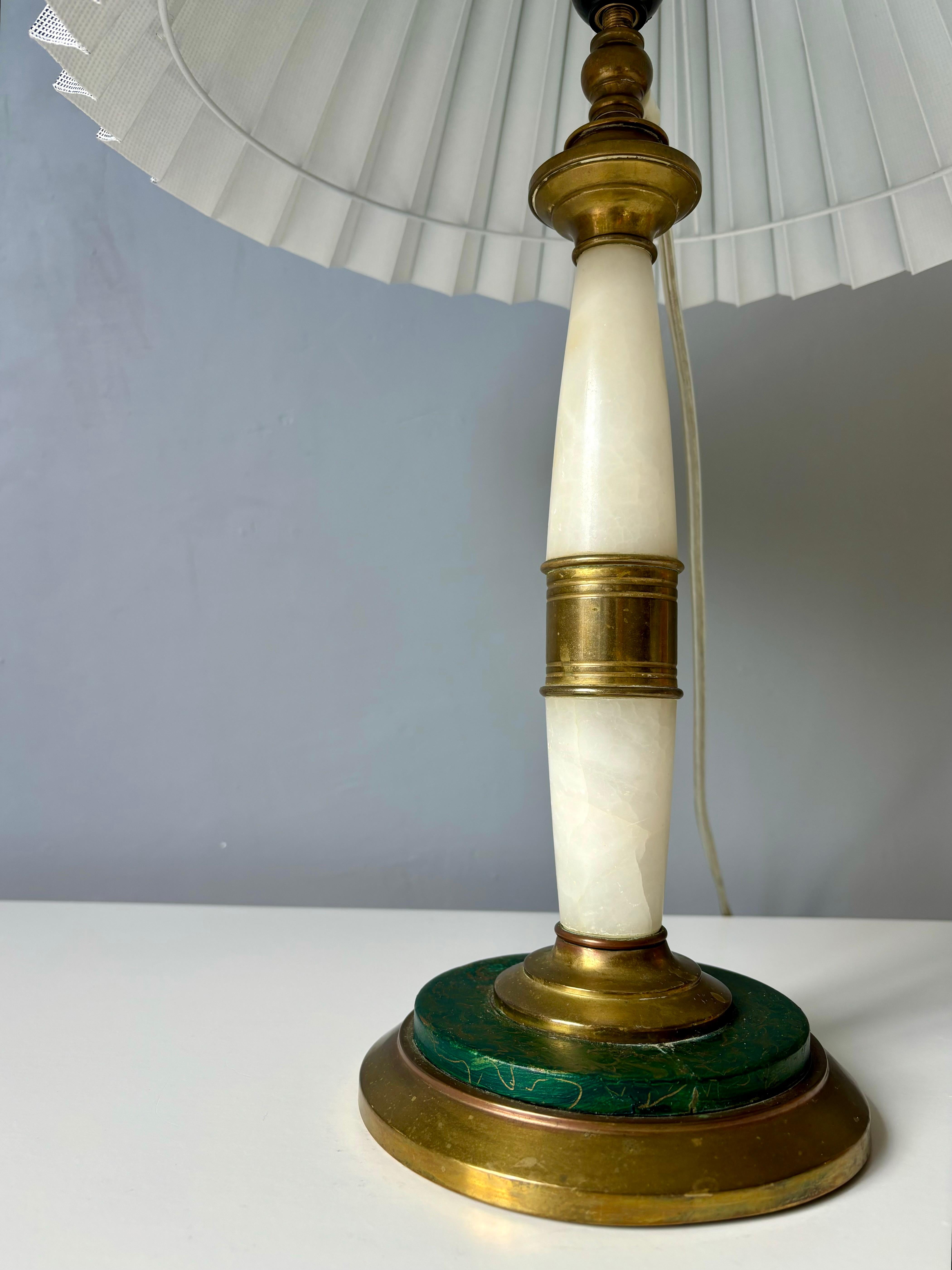 French 1940s Marble, Brass Table Lamp with Linen Shade For Sale at 1stDibs
