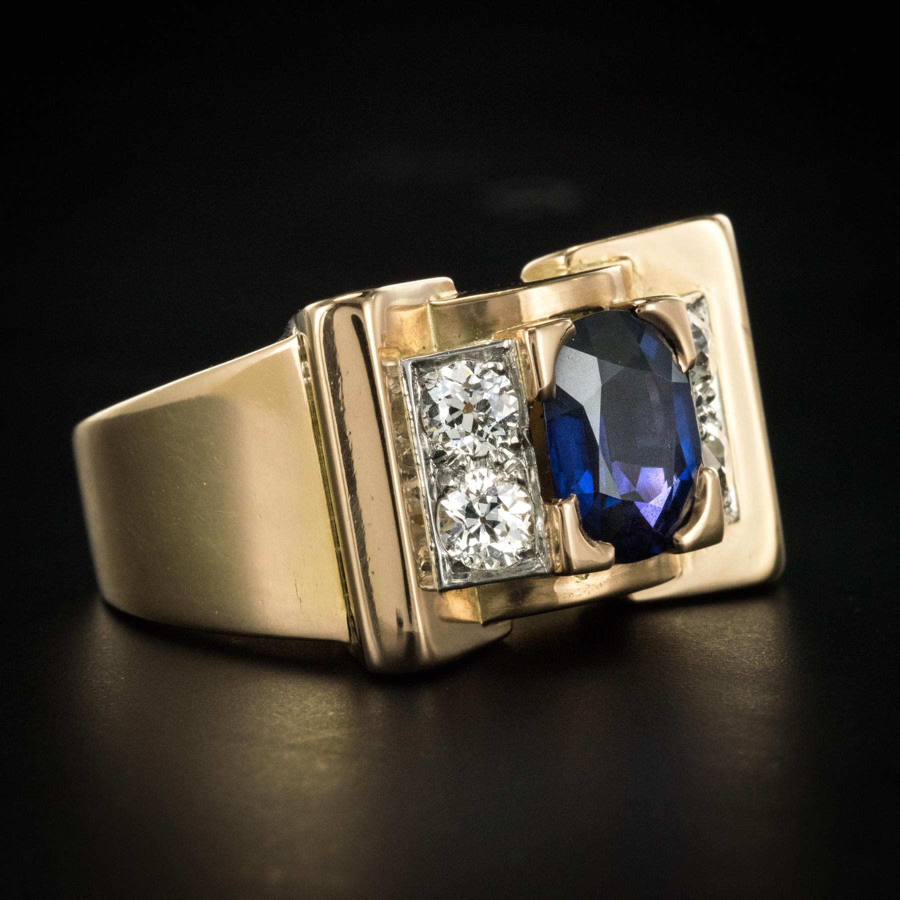 Retro French 1940s Mellerio dits Meller Natural Saphir Color Change Diamond Tank Ring