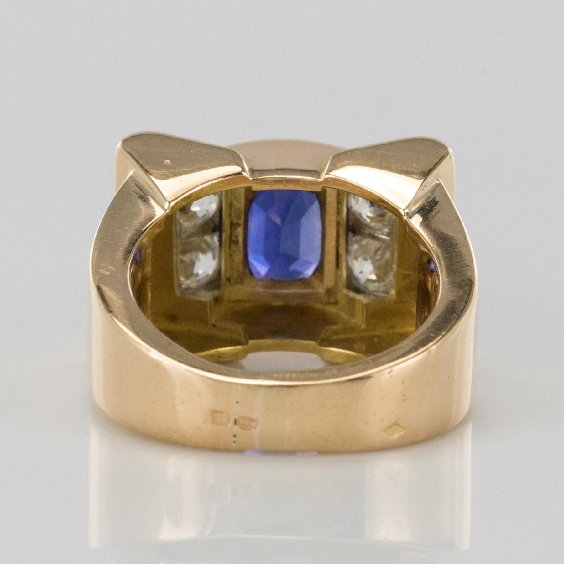 French 1940s Mellerio dits Meller Natural Saphir Color Change Diamond Tank Ring In Excellent Condition In Poitiers, FR