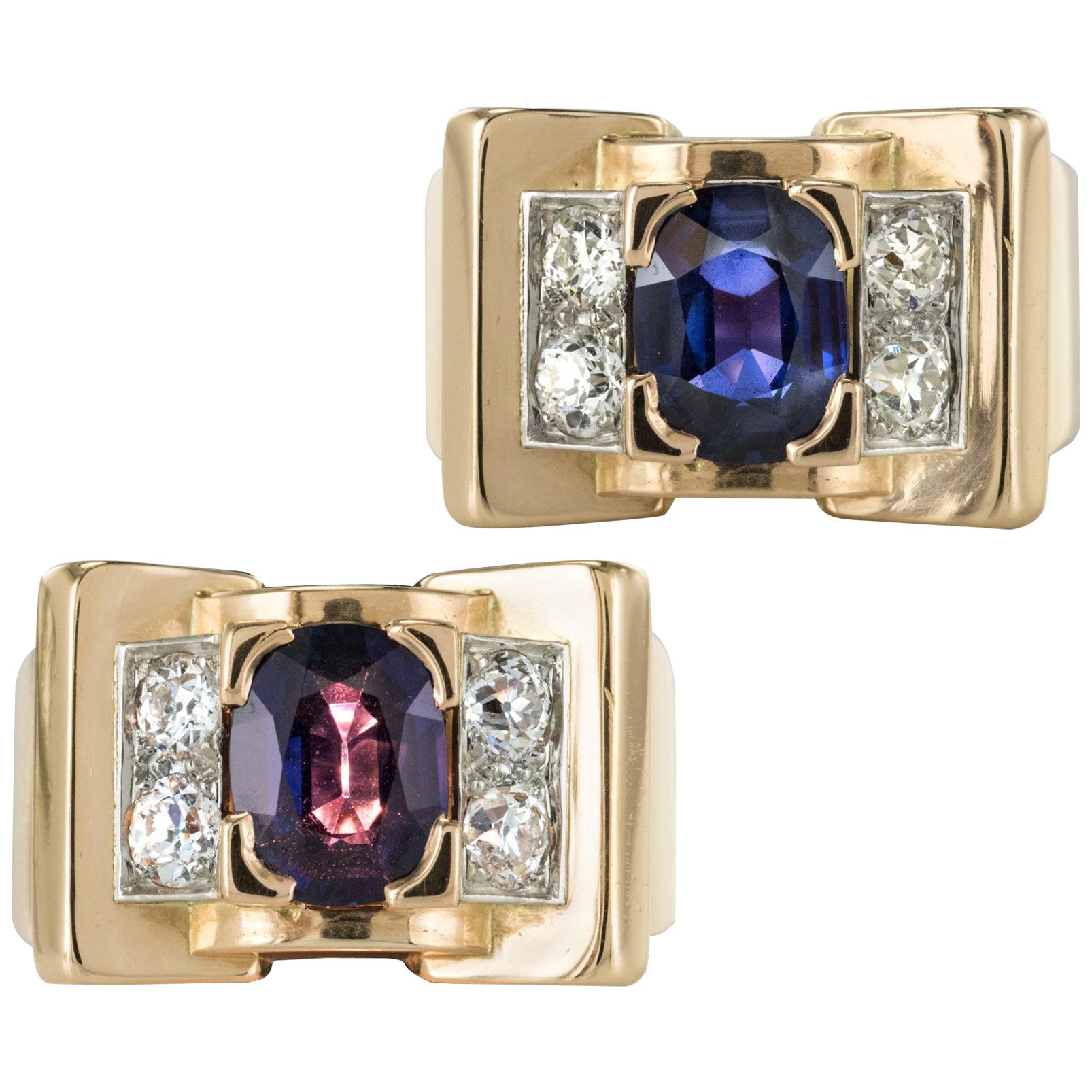 French 1940s Mellerio dits Meller Natural Saphir Color Change Diamond Tank Ring