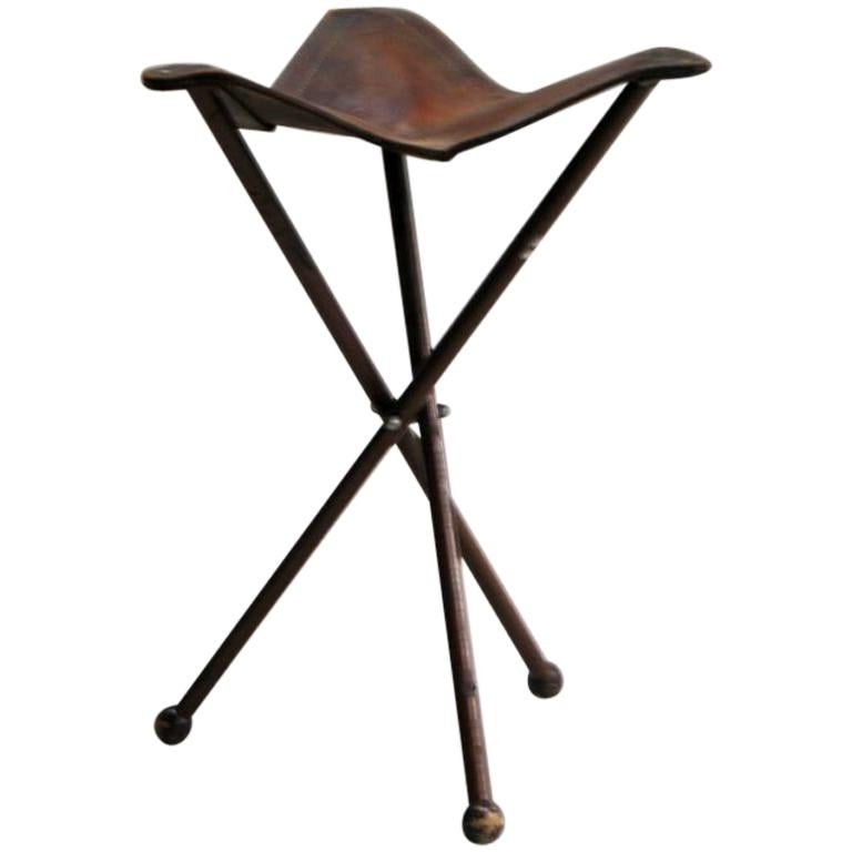 French 1940s Modern Neoclassical Iron and Leather Folding Stool For Sale