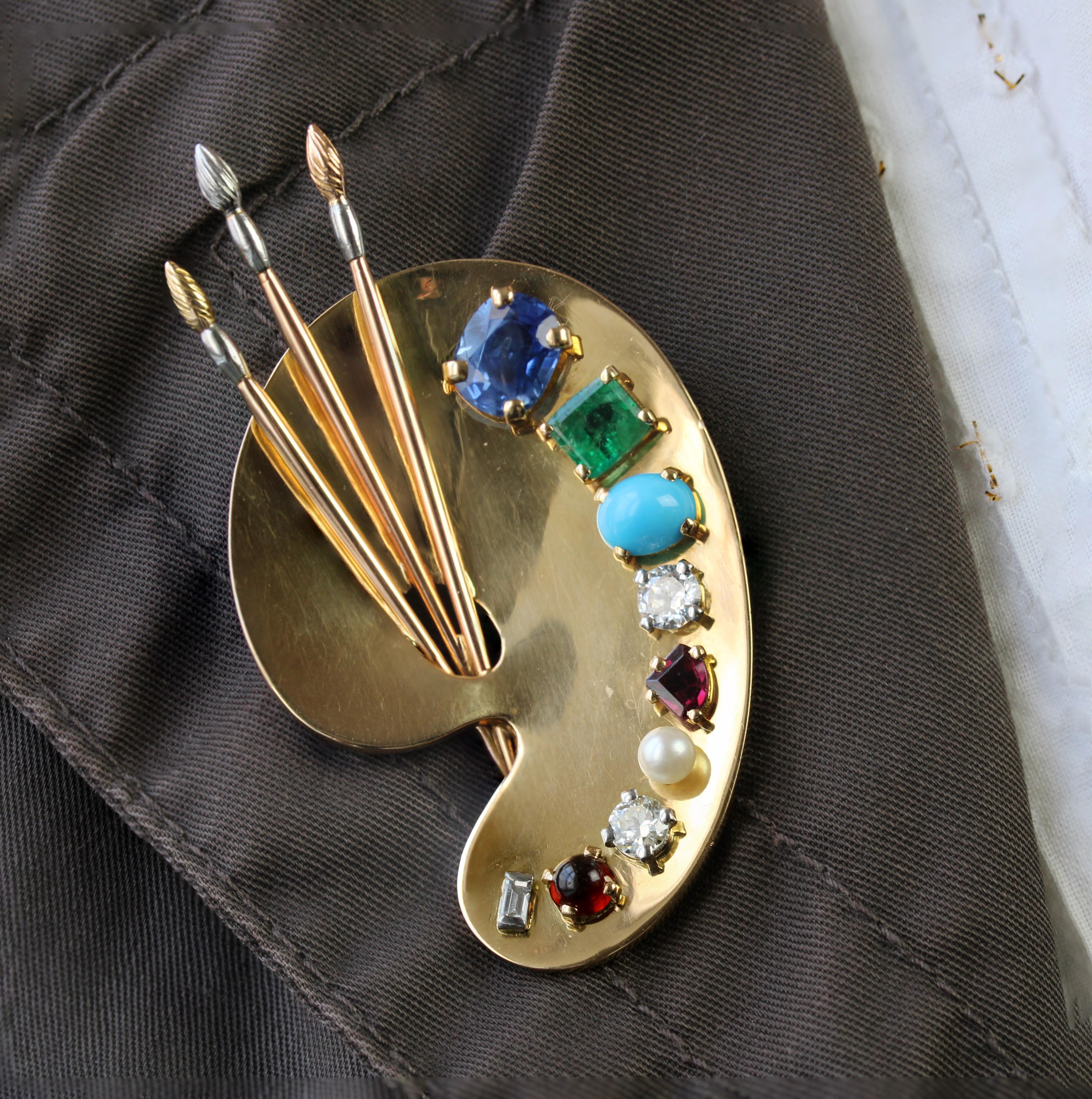 French 1940s Multi Precious Stones 18 Karat Yellow Gold Painter's Palette Brooch For Sale 5