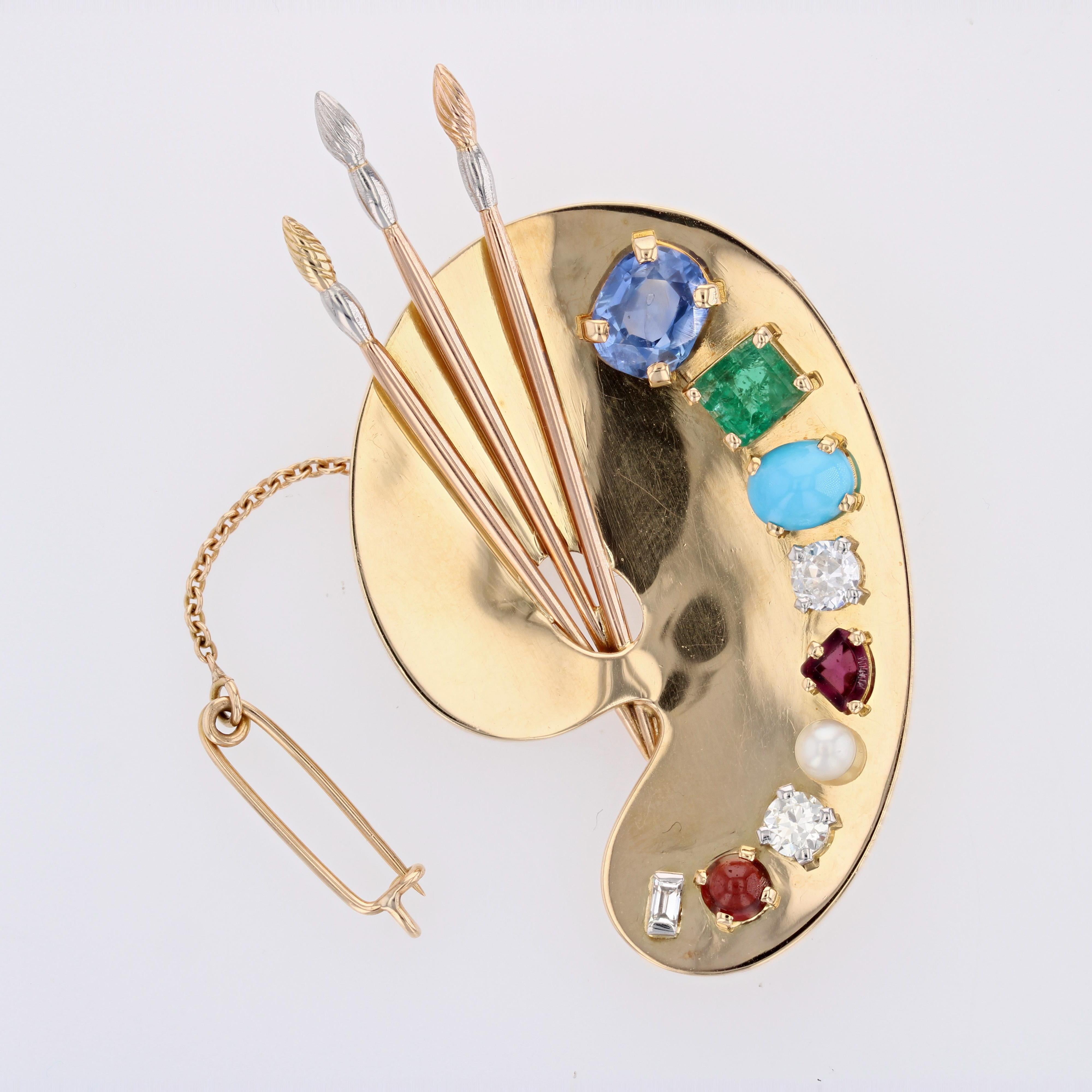 French 1940s Multi Precious Stones 18 Karat Yellow Gold Painter's Palette Brooch For Sale 6