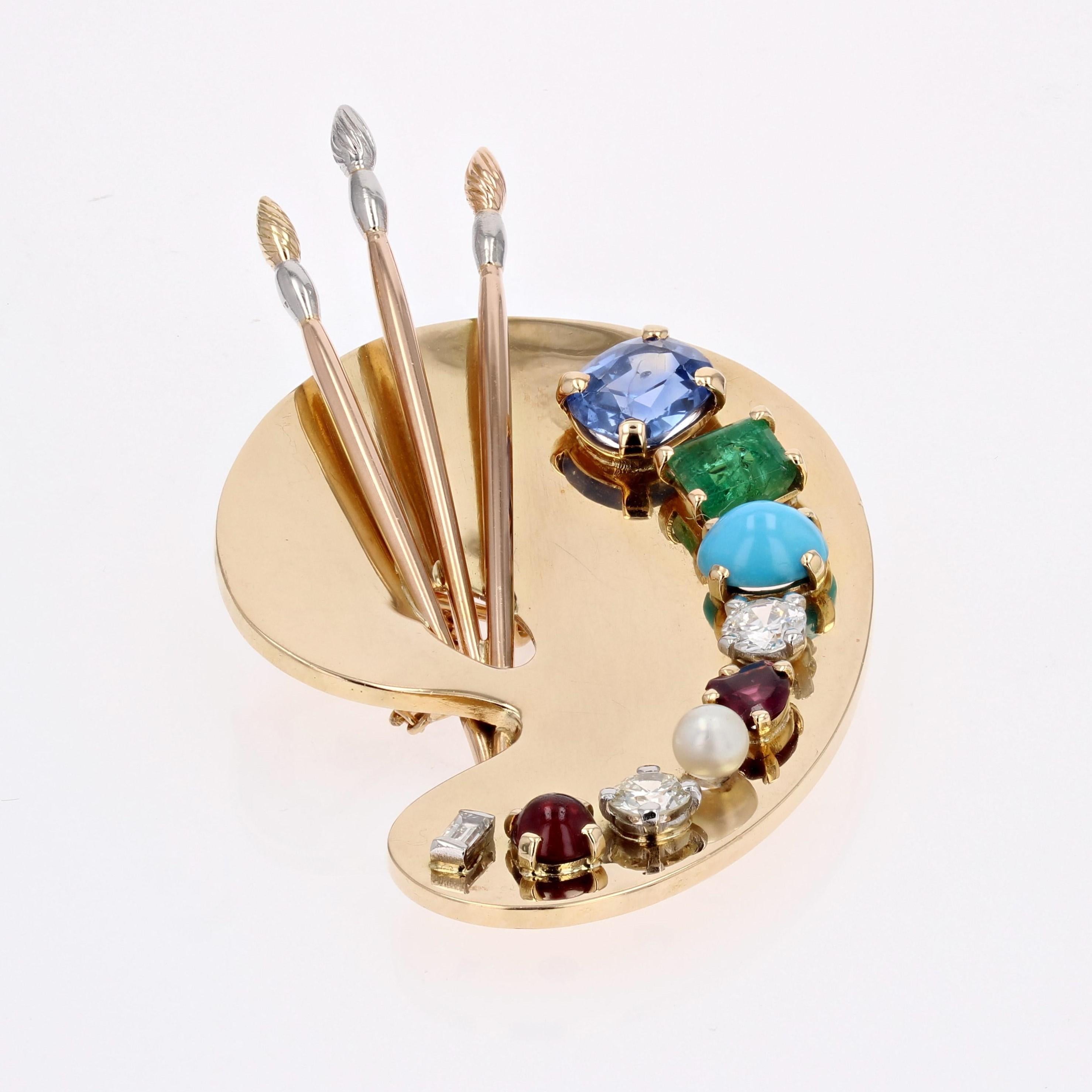 French 1940s Multi Precious Stones 18 Karat Yellow Gold Painter's Palette Brooch For Sale 7