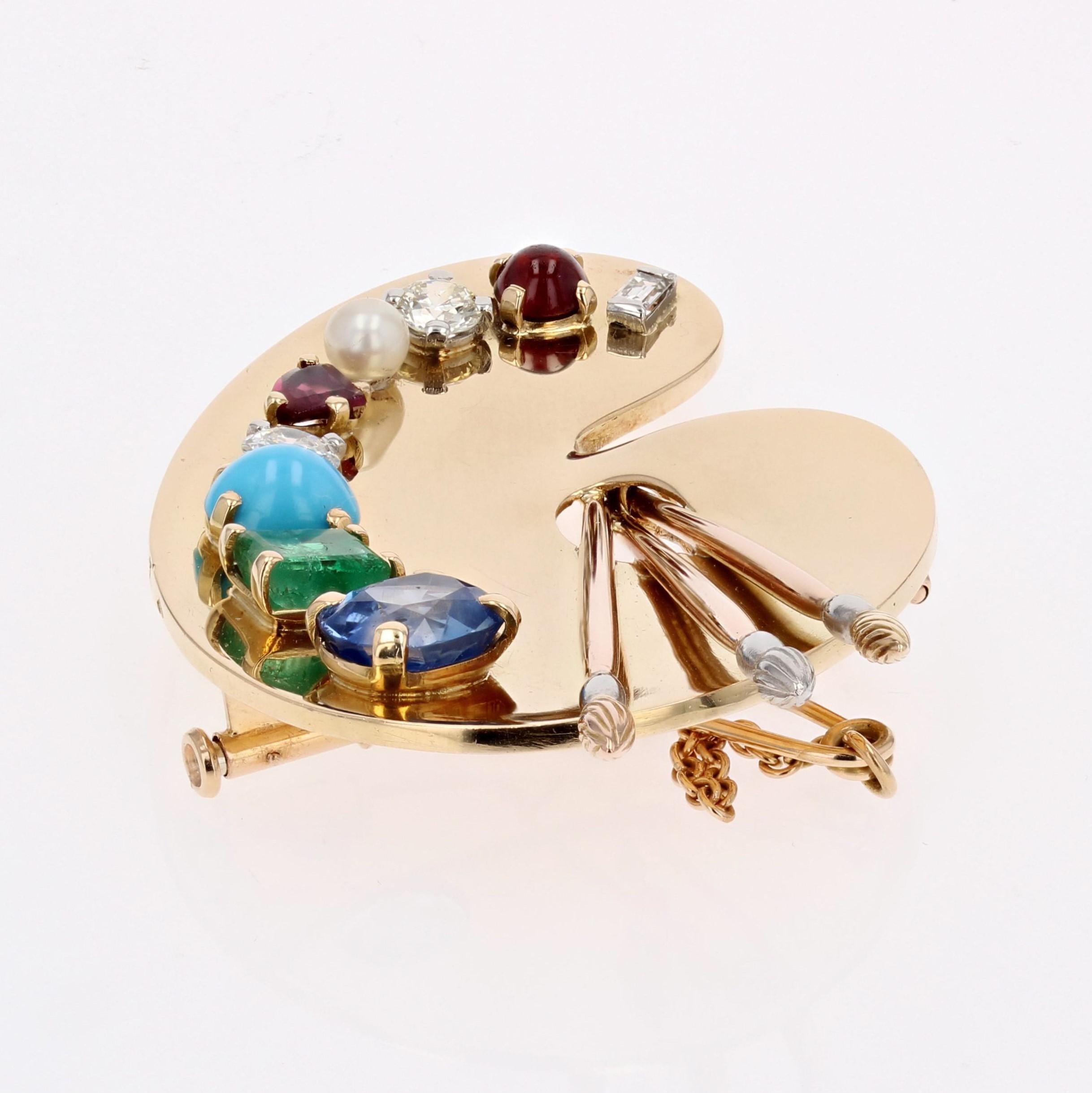 French 1940s Multi Precious Stones 18 Karat Yellow Gold Painter's Palette Brooch For Sale 8