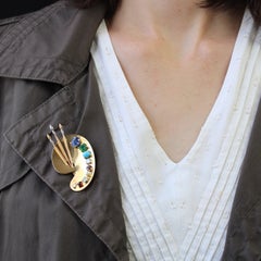 French 1940s Multi Precious Stones 18 Karat Yellow Gold Painter's Palette Brooch