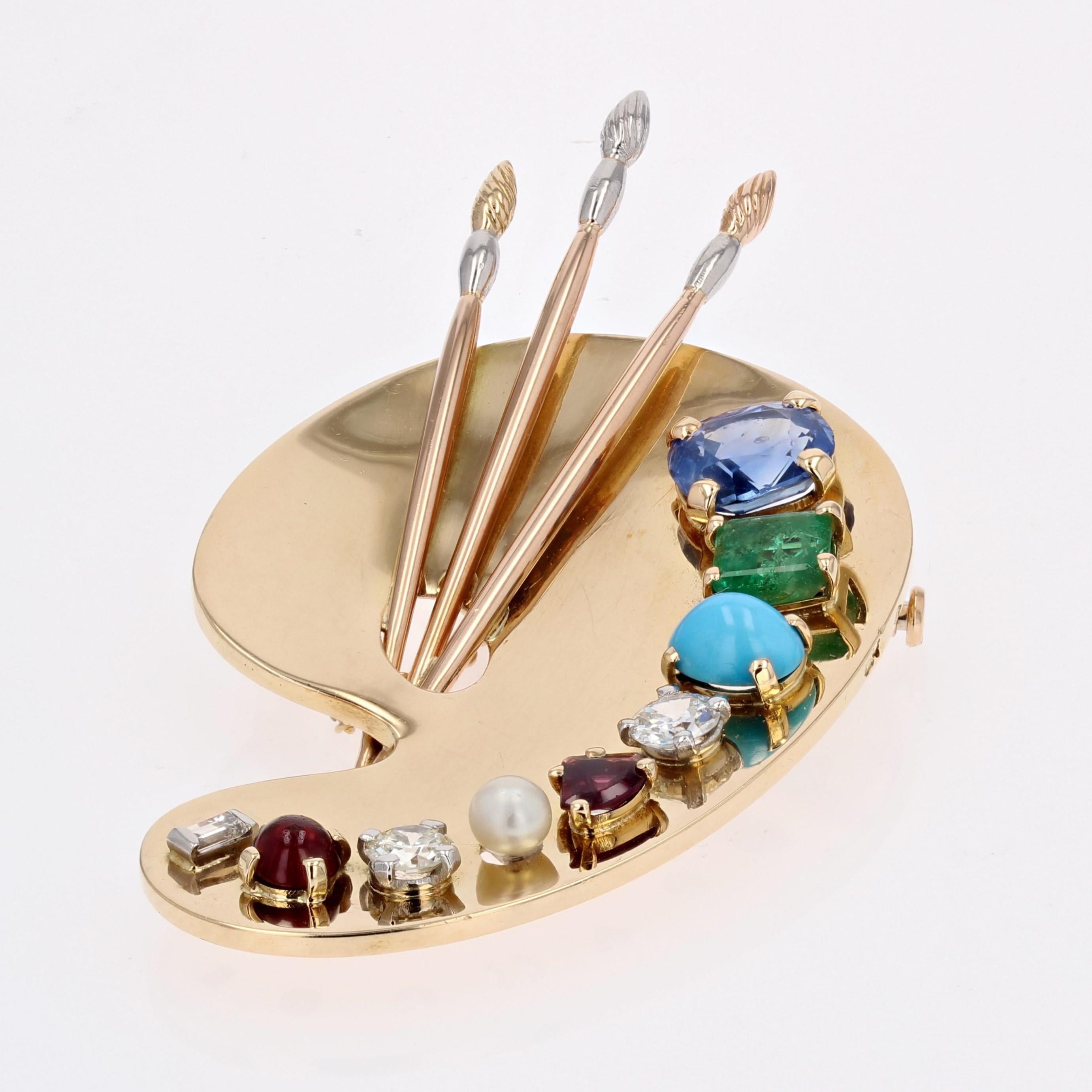 Antique Cushion Cut French 1940s Multi Precious Stones 18 Karat Yellow Gold Painter's Palette Brooch For Sale