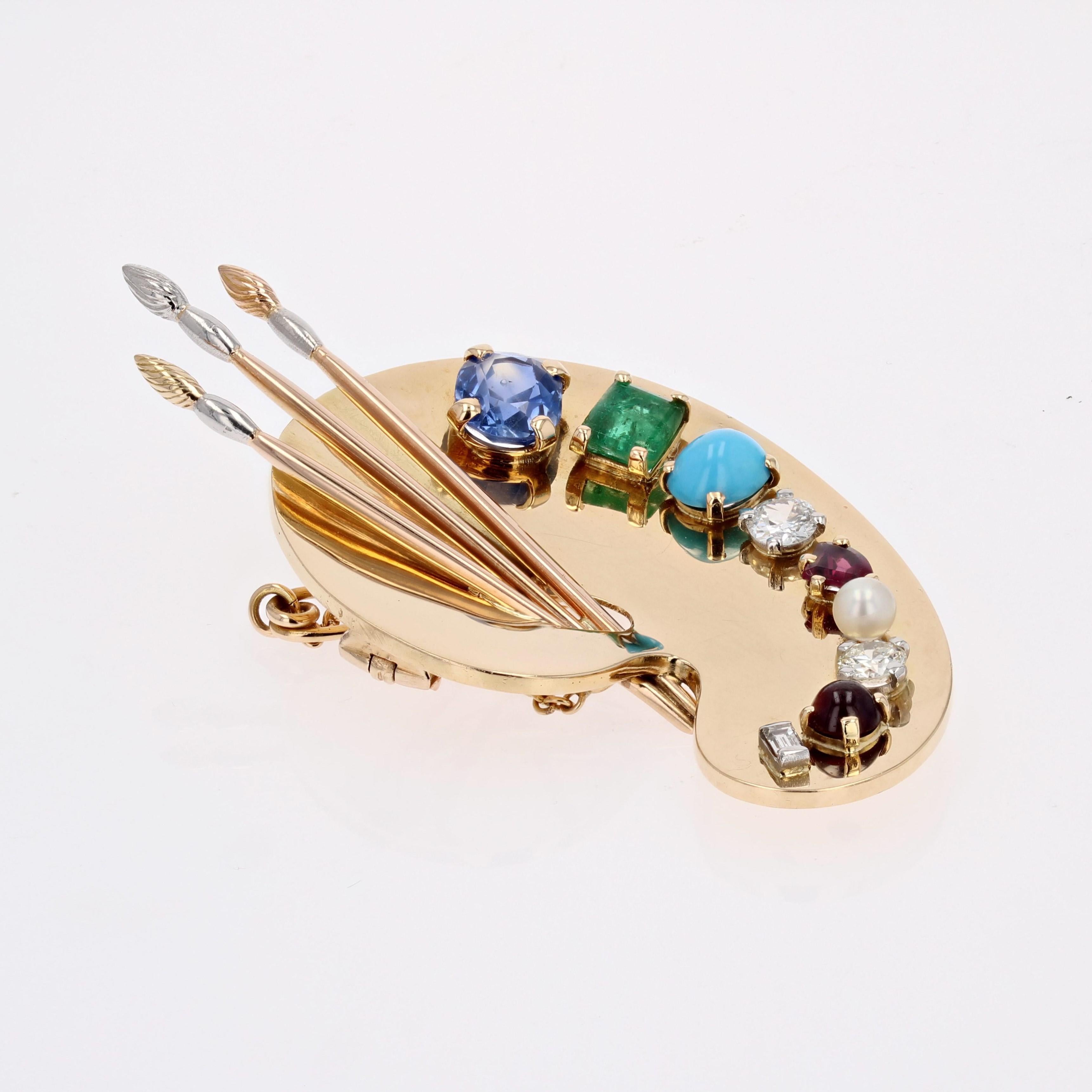 French 1940s Multi Precious Stones 18 Karat Yellow Gold Painter's Palette Brooch In Excellent Condition For Sale In Poitiers, FR