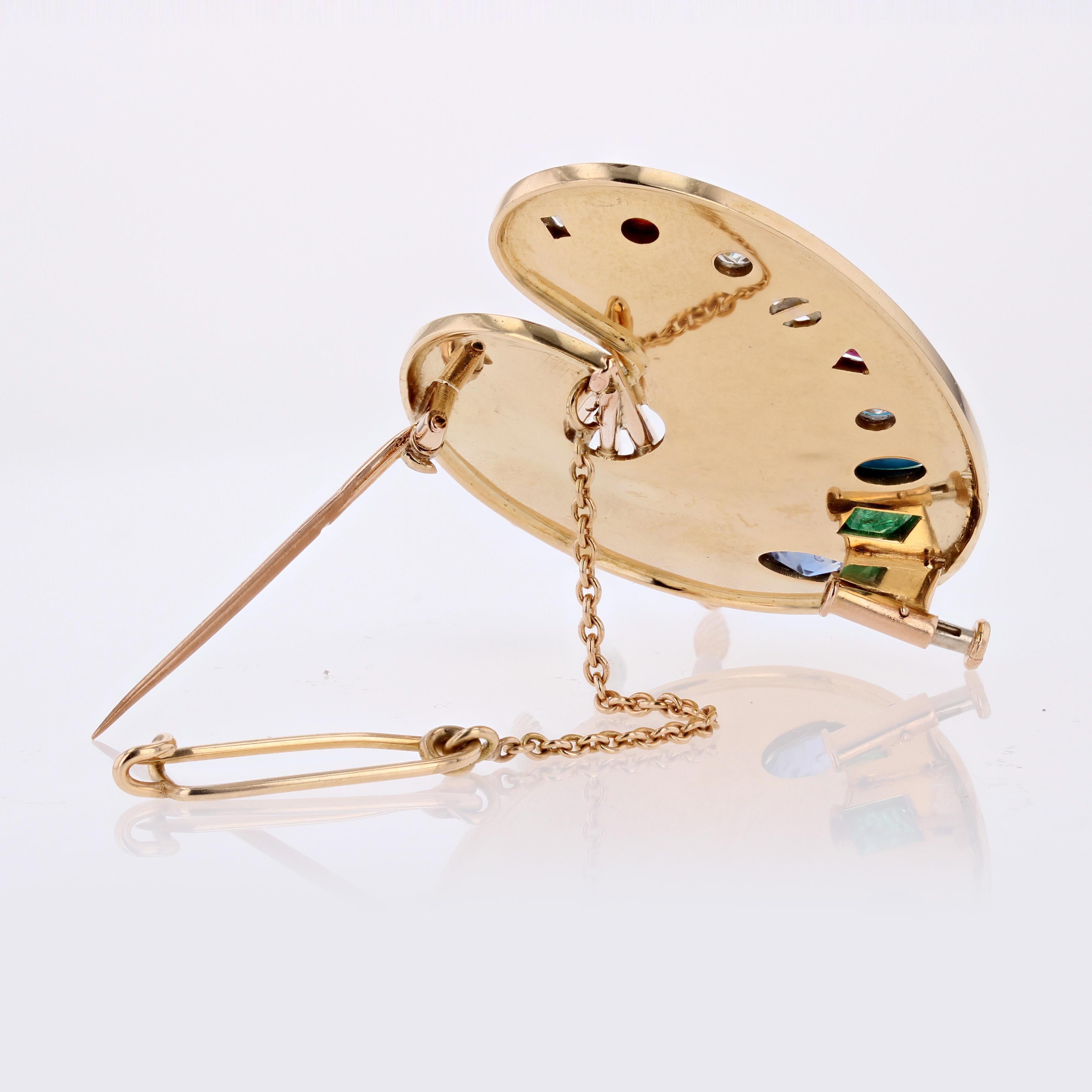 Women's French 1940s Multi Precious Stones 18 Karat Yellow Gold Painter's Palette Brooch For Sale