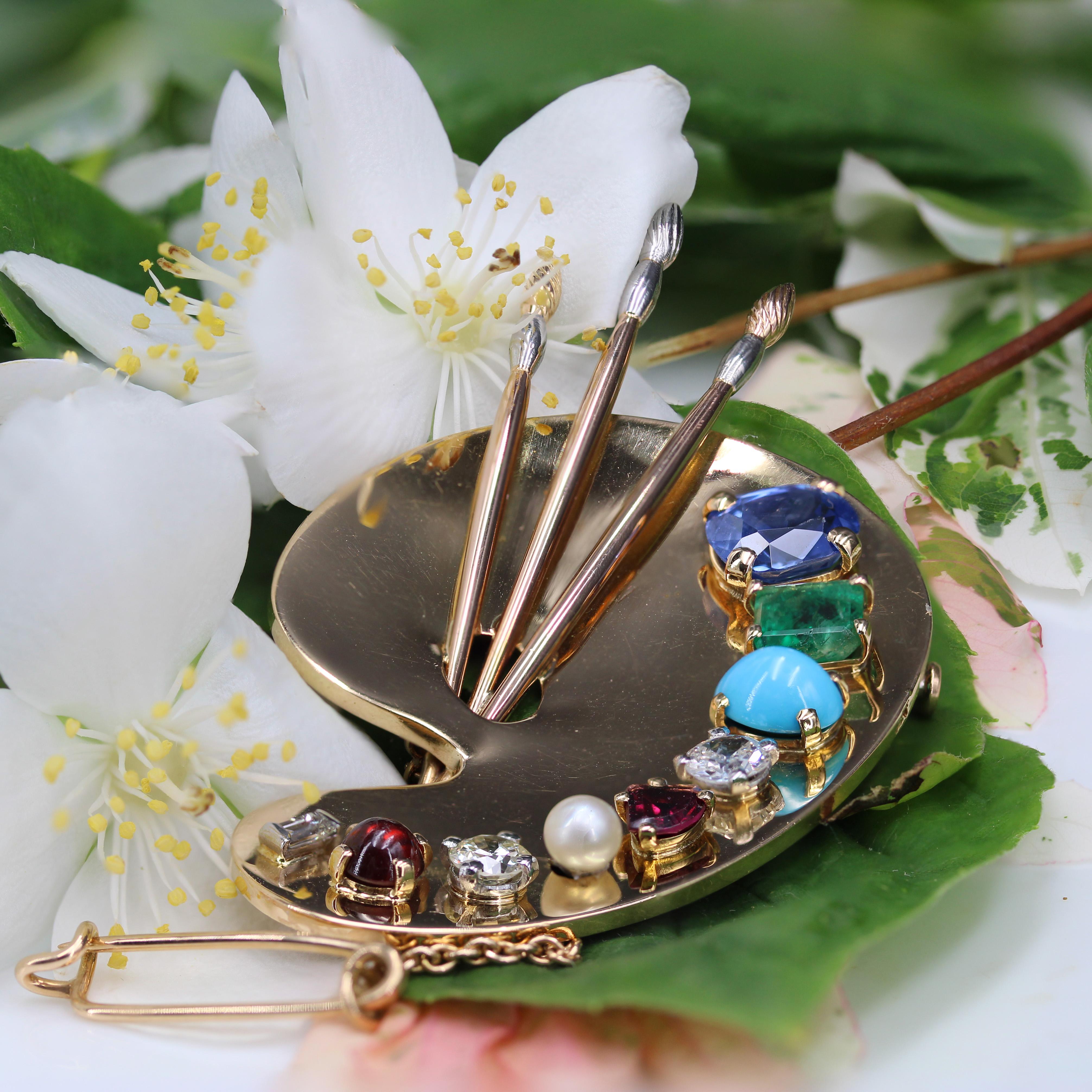 French 1940s Multi Precious Stones 18 Karat Yellow Gold Painter's Palette Brooch For Sale 3