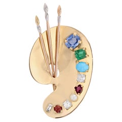 French 1940s Multi Precious Stones 18 Karat Yellow Gold Painter's Palette Brooch
