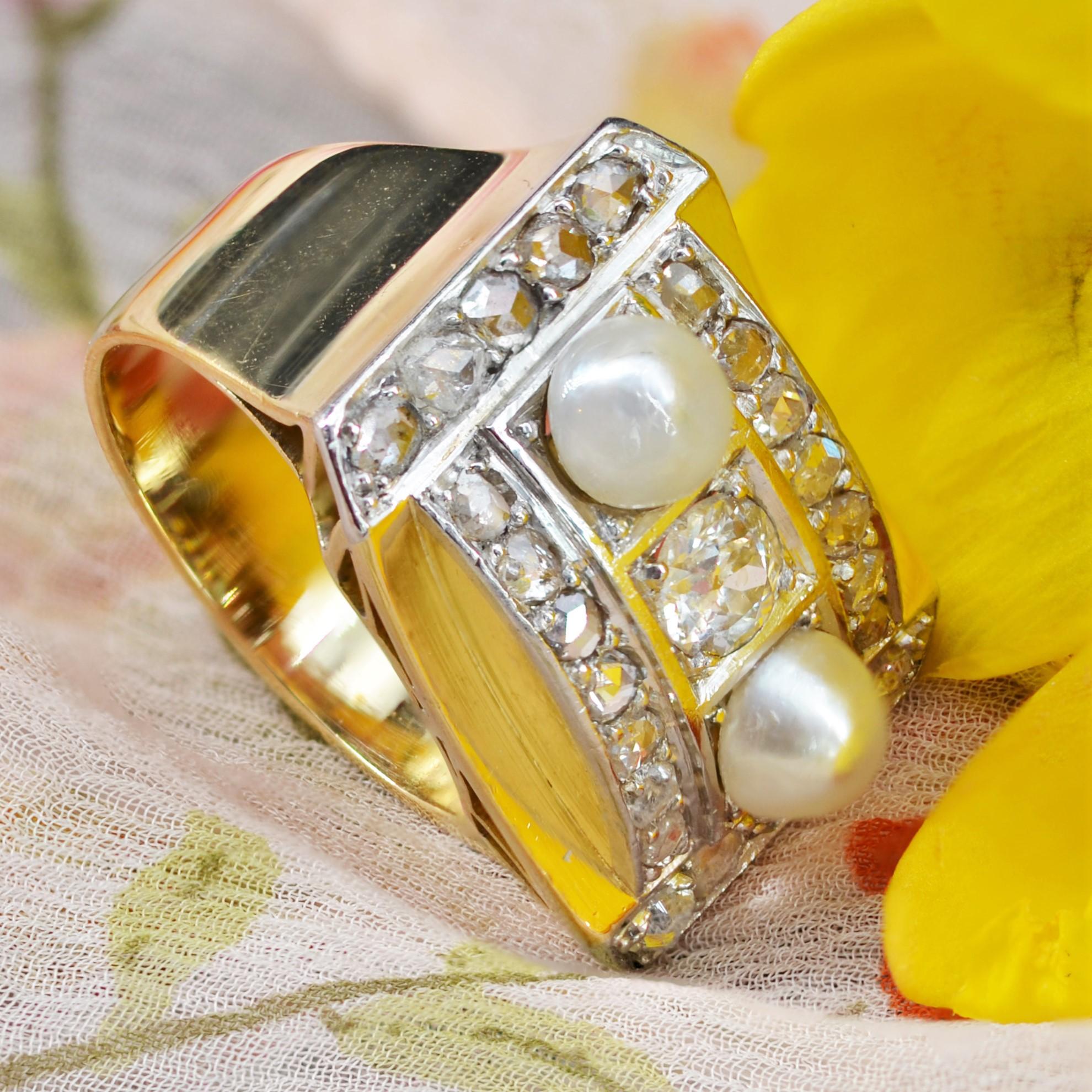 Bague de réservoir en or jaune 18 carats, perles naturelles et diamants, datant des années 1940 en vente 4
