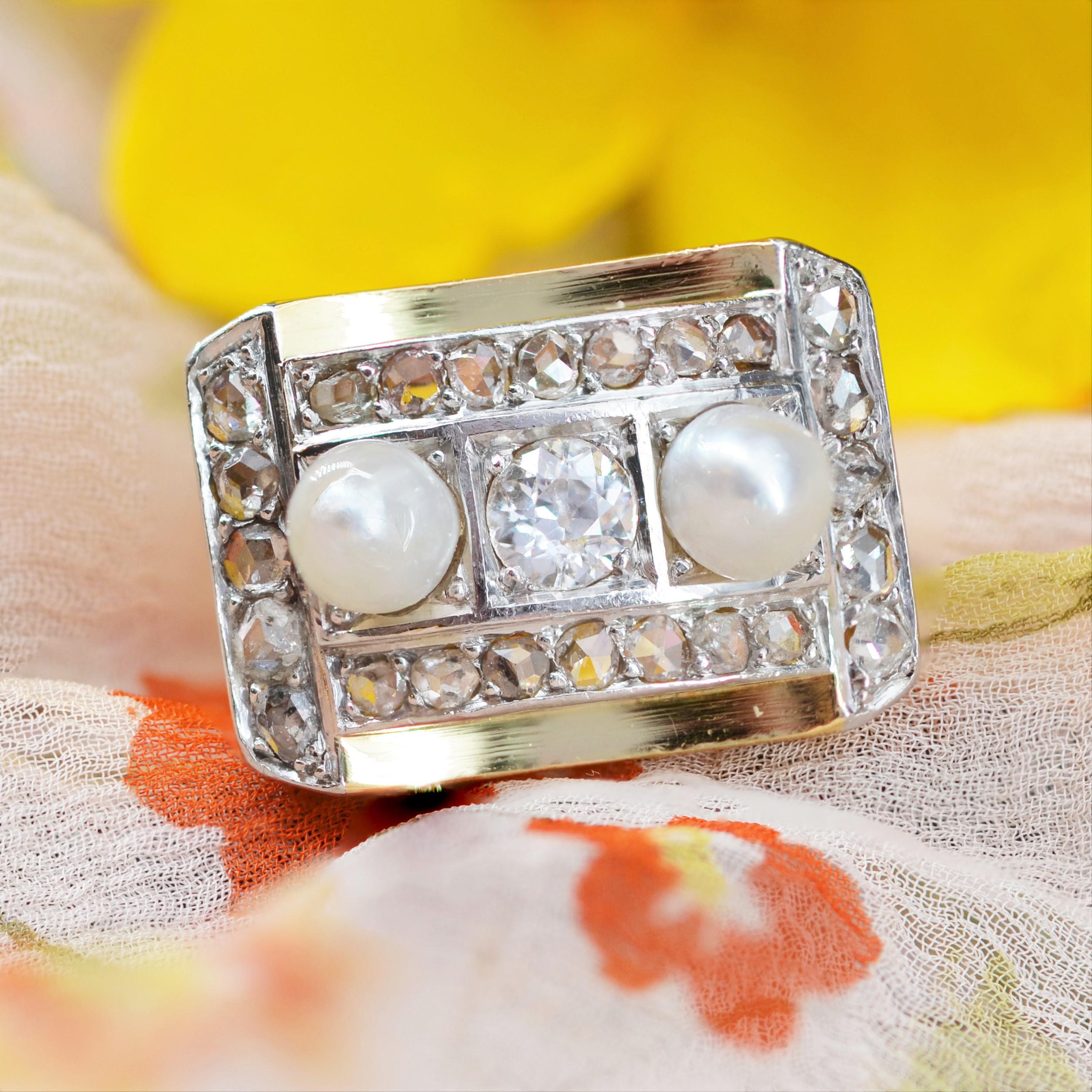 French 1940s Natural Pearl Diamonds 18 Karat Yellow Gold Tank Ring For Sale 7