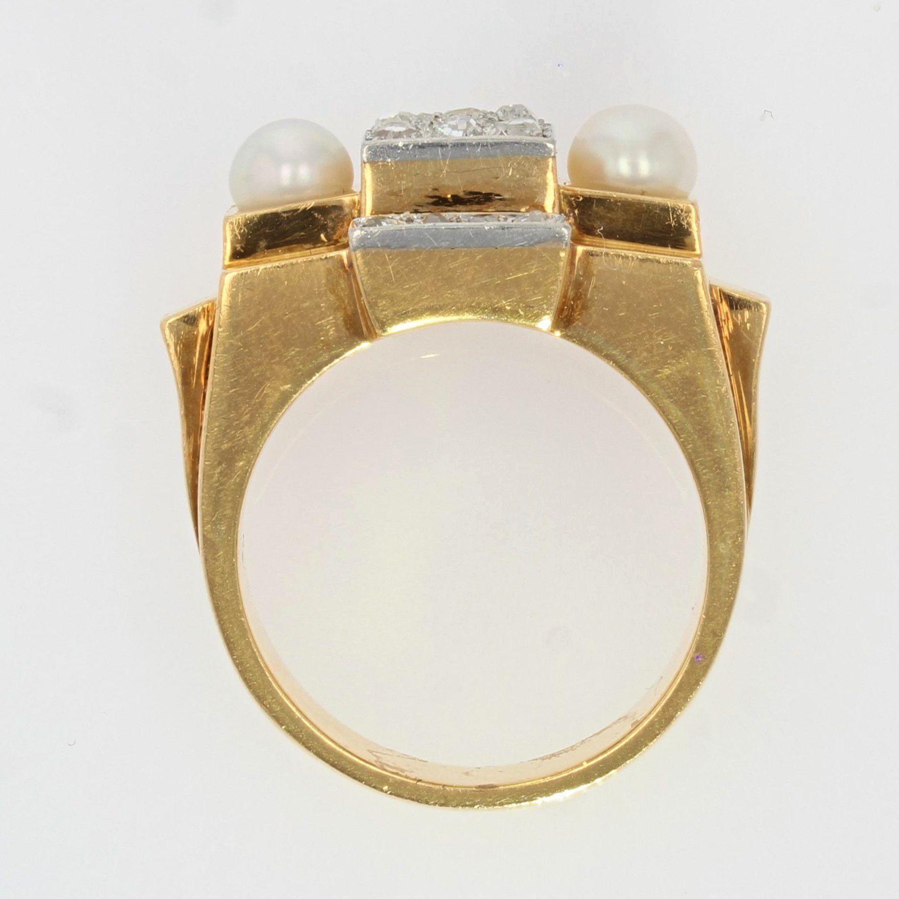 French 1940s Natural Pearl Diamonds 18 Karat Yellow Gold Tank Ring For Sale 8
