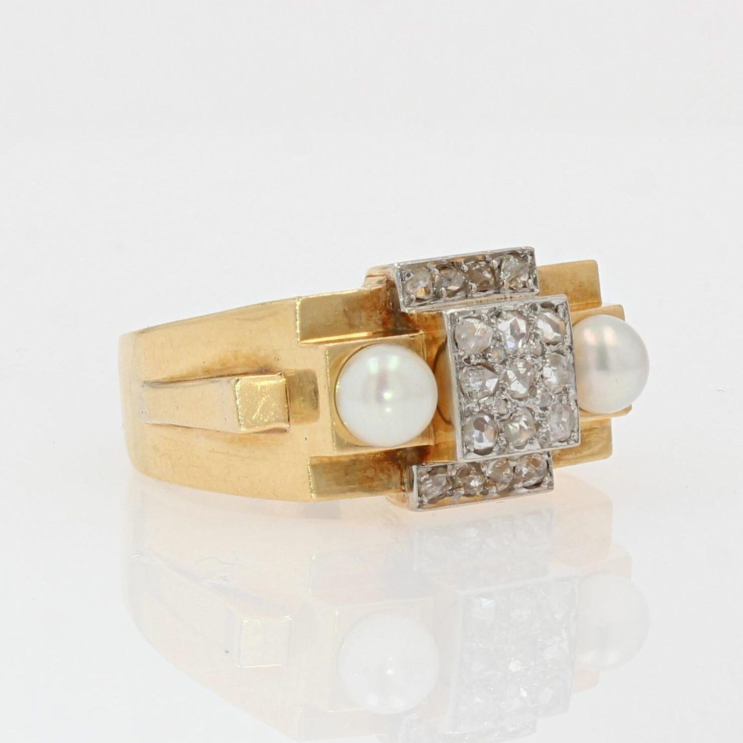 French 1940s Natural Pearl Diamonds 18 Karat Yellow Gold Tank Ring For Sale 9