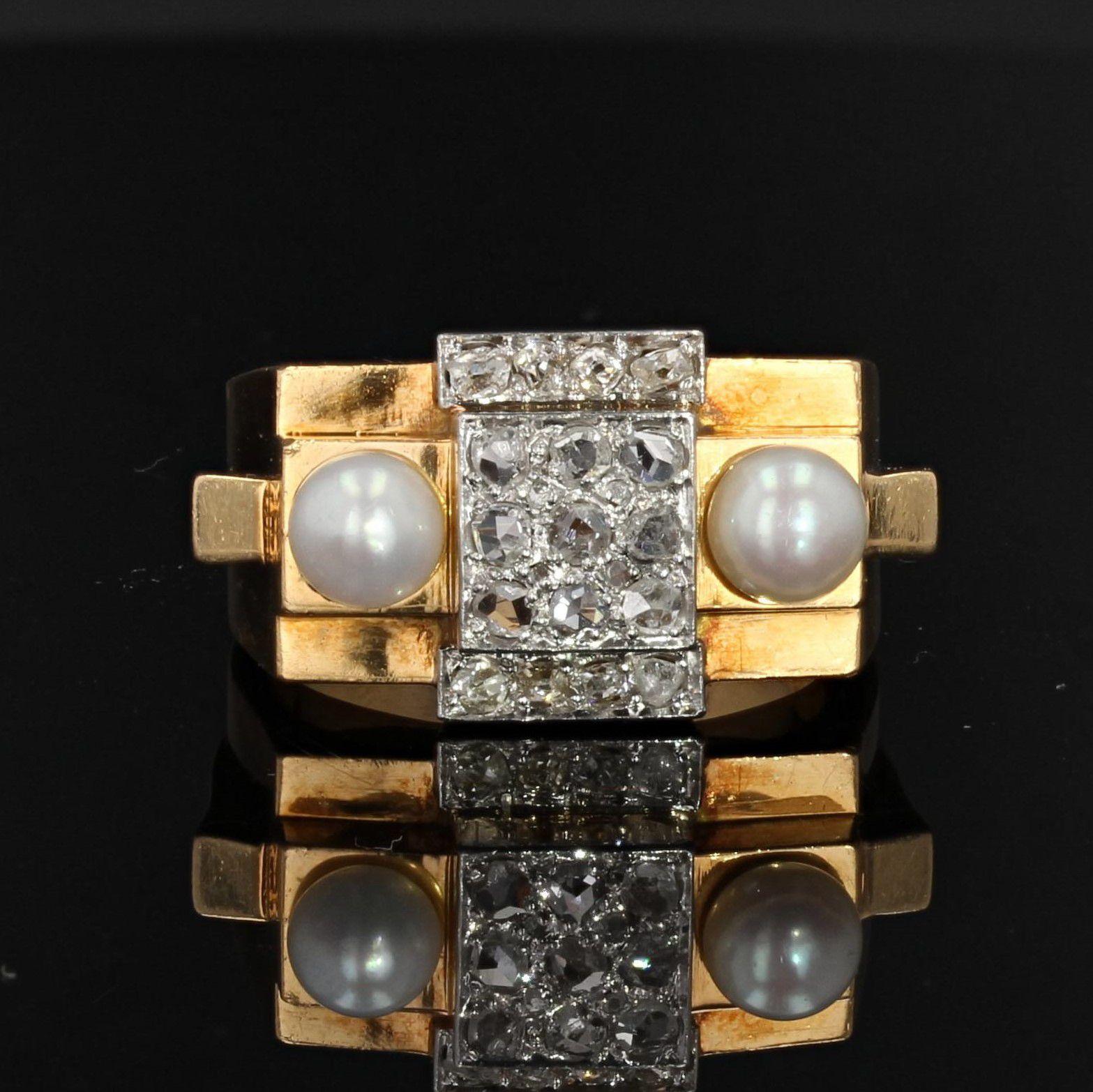 Retro French 1940s Natural Pearl Diamonds 18 Karat Yellow Gold Tank Ring For Sale