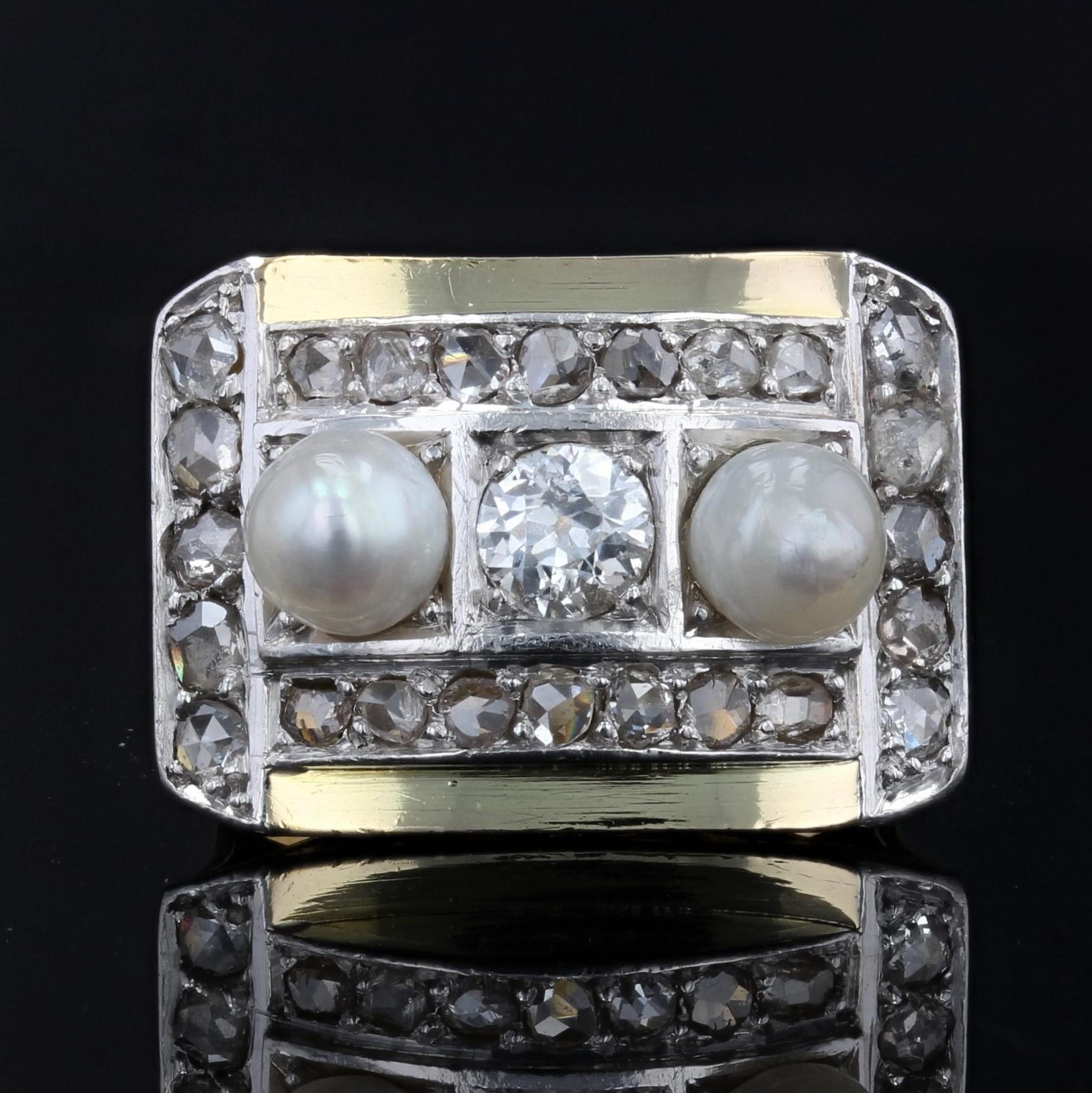 Rétro Bague de réservoir en or jaune 18 carats, perles naturelles et diamants, datant des années 1940 en vente