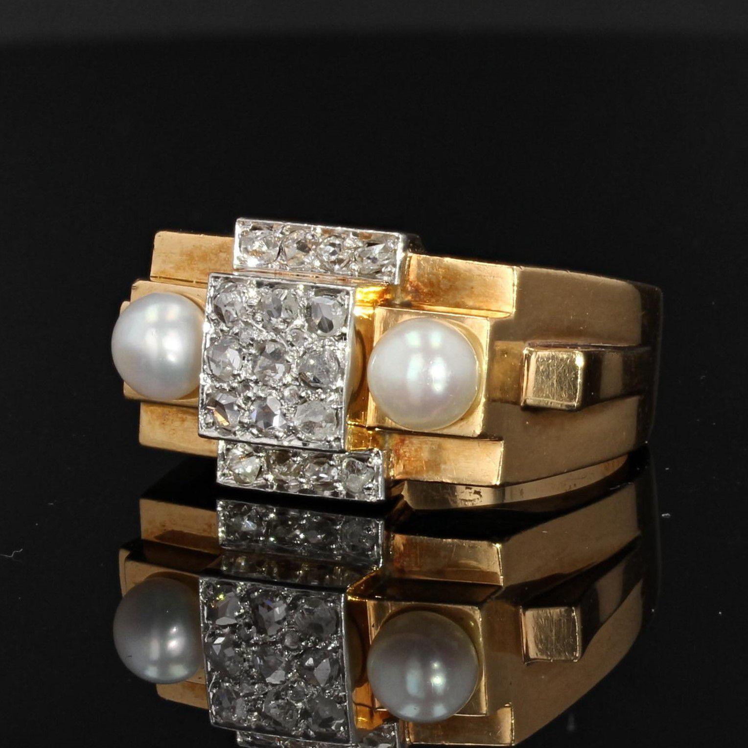 Bead French 1940s Natural Pearl Diamonds 18 Karat Yellow Gold Tank Ring For Sale