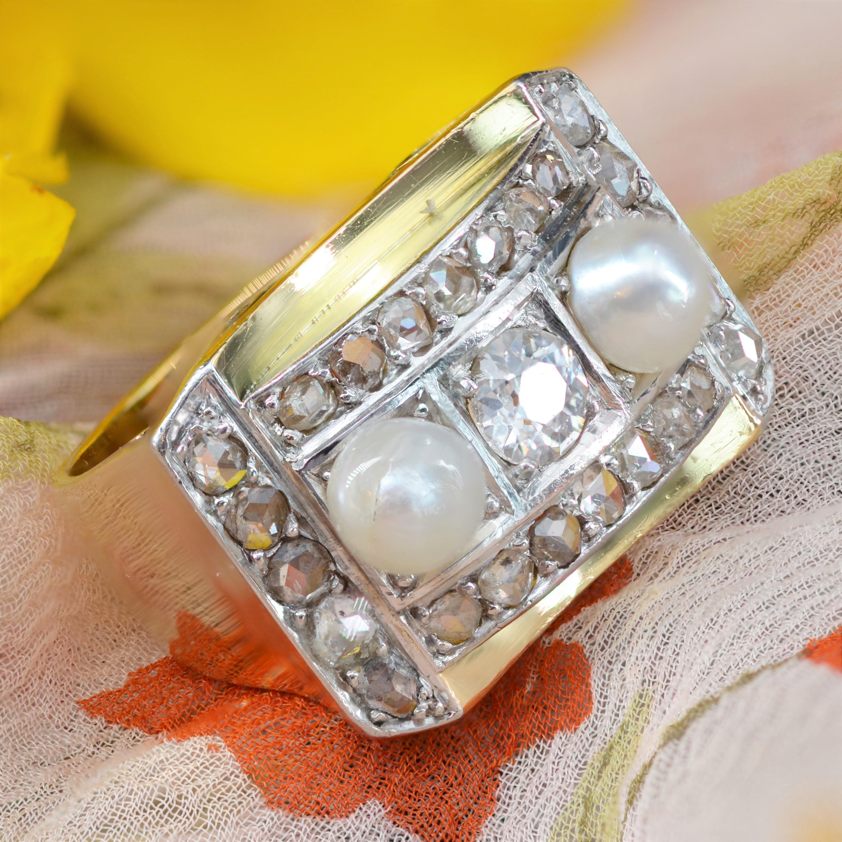 Bead French 1940s Natural Pearl Diamonds 18 Karat Yellow Gold Tank Ring For Sale