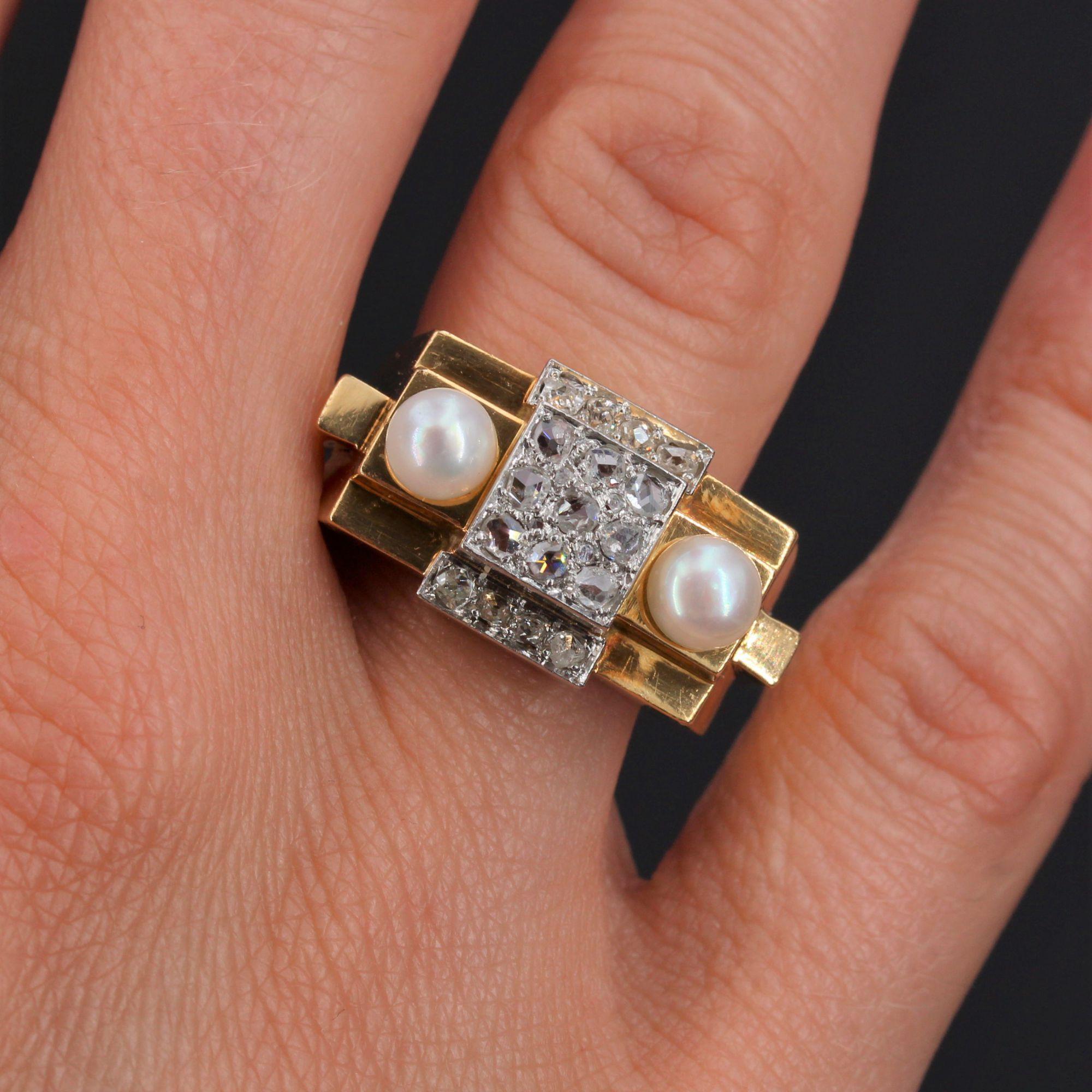 French 1940s Natural Pearl Diamonds 18 Karat Yellow Gold Tank Ring In Excellent Condition For Sale In Poitiers, FR