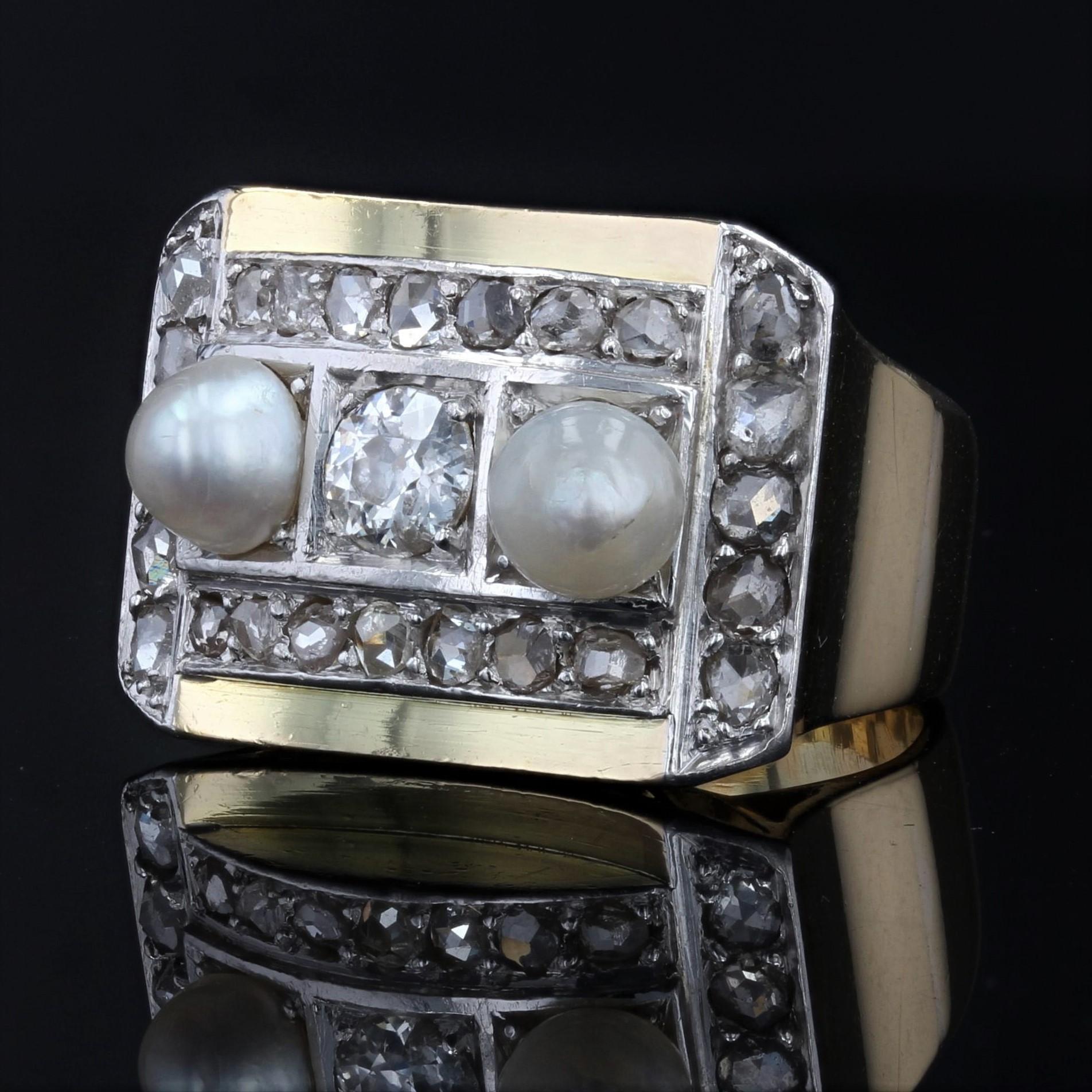 French 1940s Natural Pearl Diamonds 18 Karat Yellow Gold Tank Ring In Good Condition For Sale In Poitiers, FR