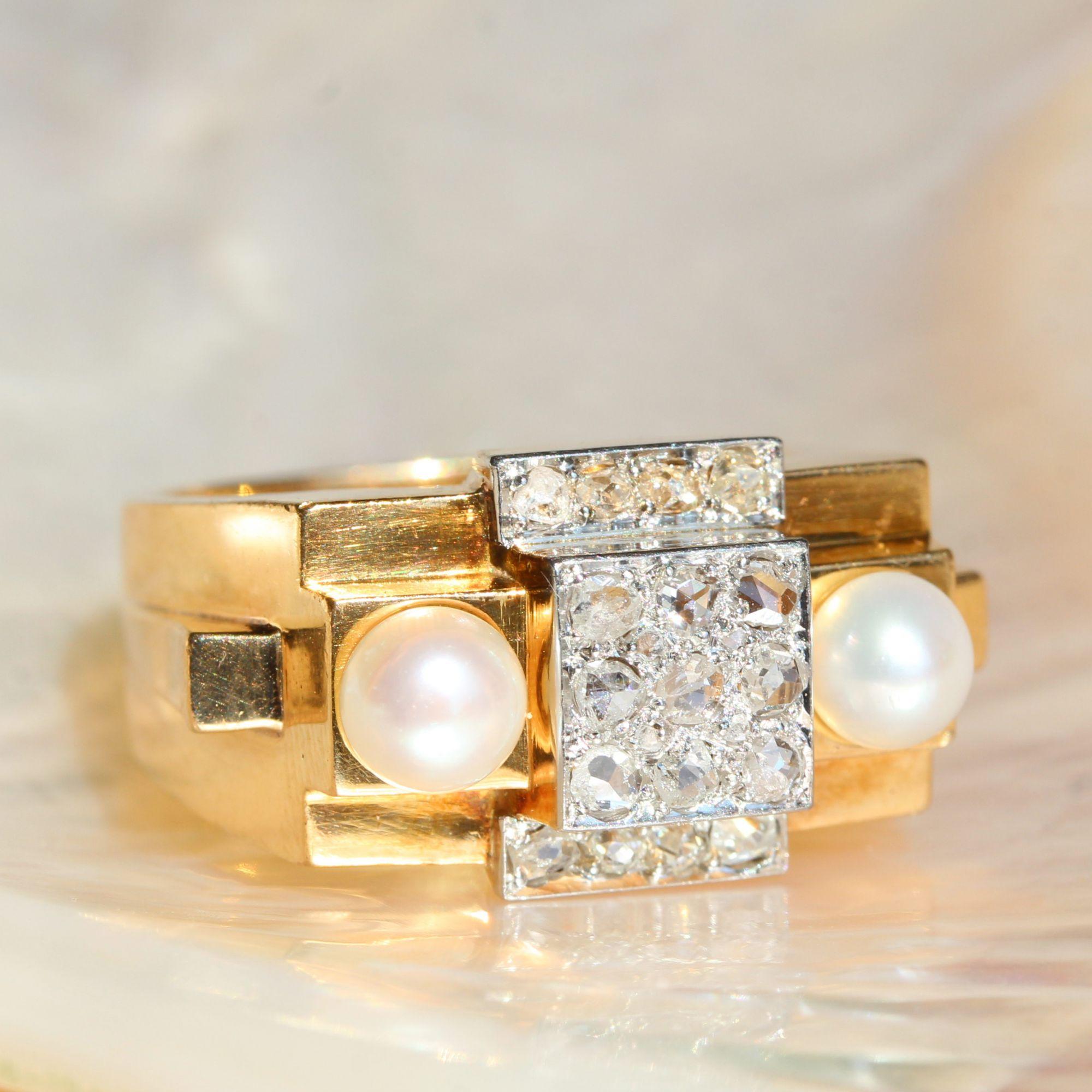 Women's French 1940s Natural Pearl Diamonds 18 Karat Yellow Gold Tank Ring For Sale
