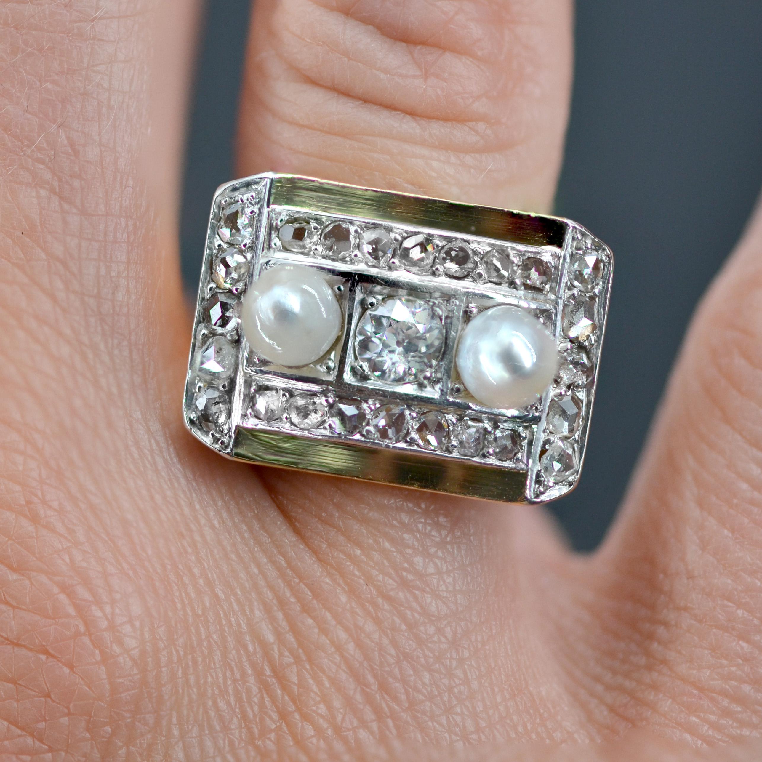 Women's French 1940s Natural Pearl Diamonds 18 Karat Yellow Gold Tank Ring For Sale