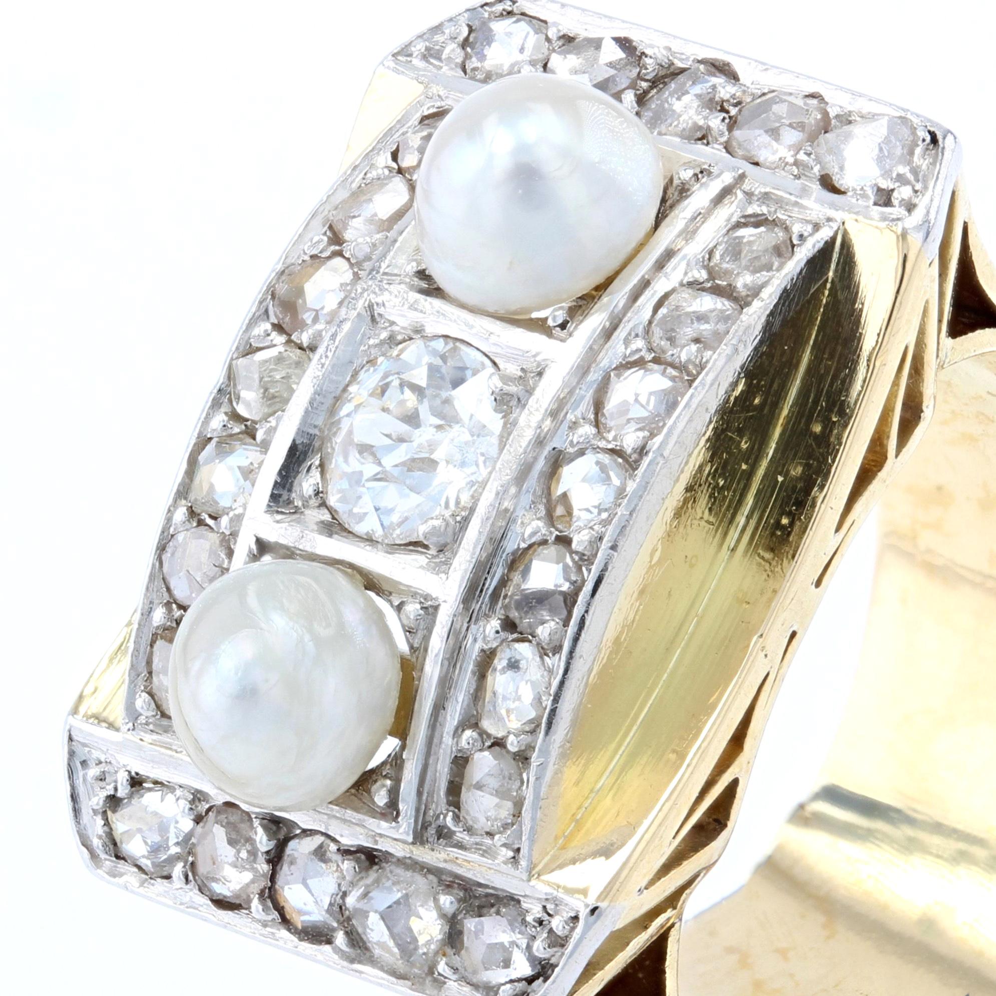 French 1940s Natural Pearl Diamonds 18 Karat Yellow Gold Tank Ring For Sale 2