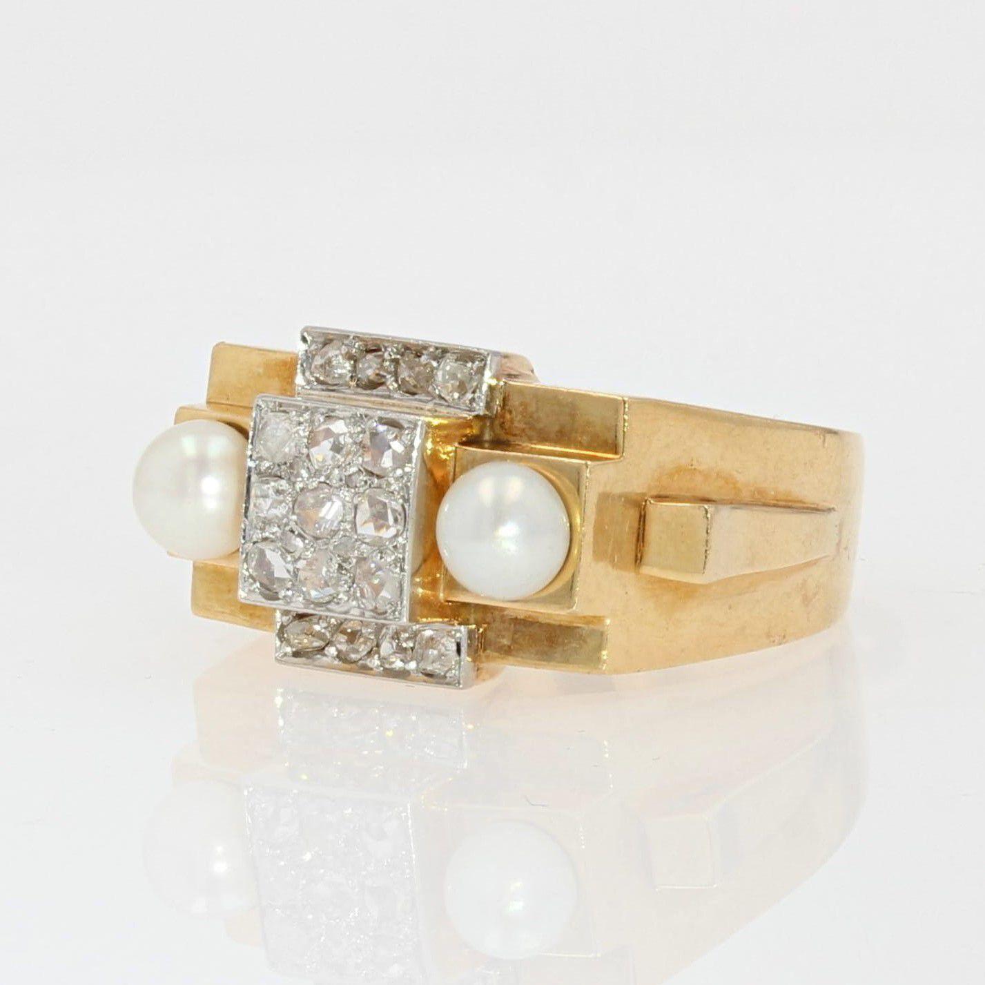 French 1940s Natural Pearl Diamonds 18 Karat Yellow Gold Tank Ring For Sale 3