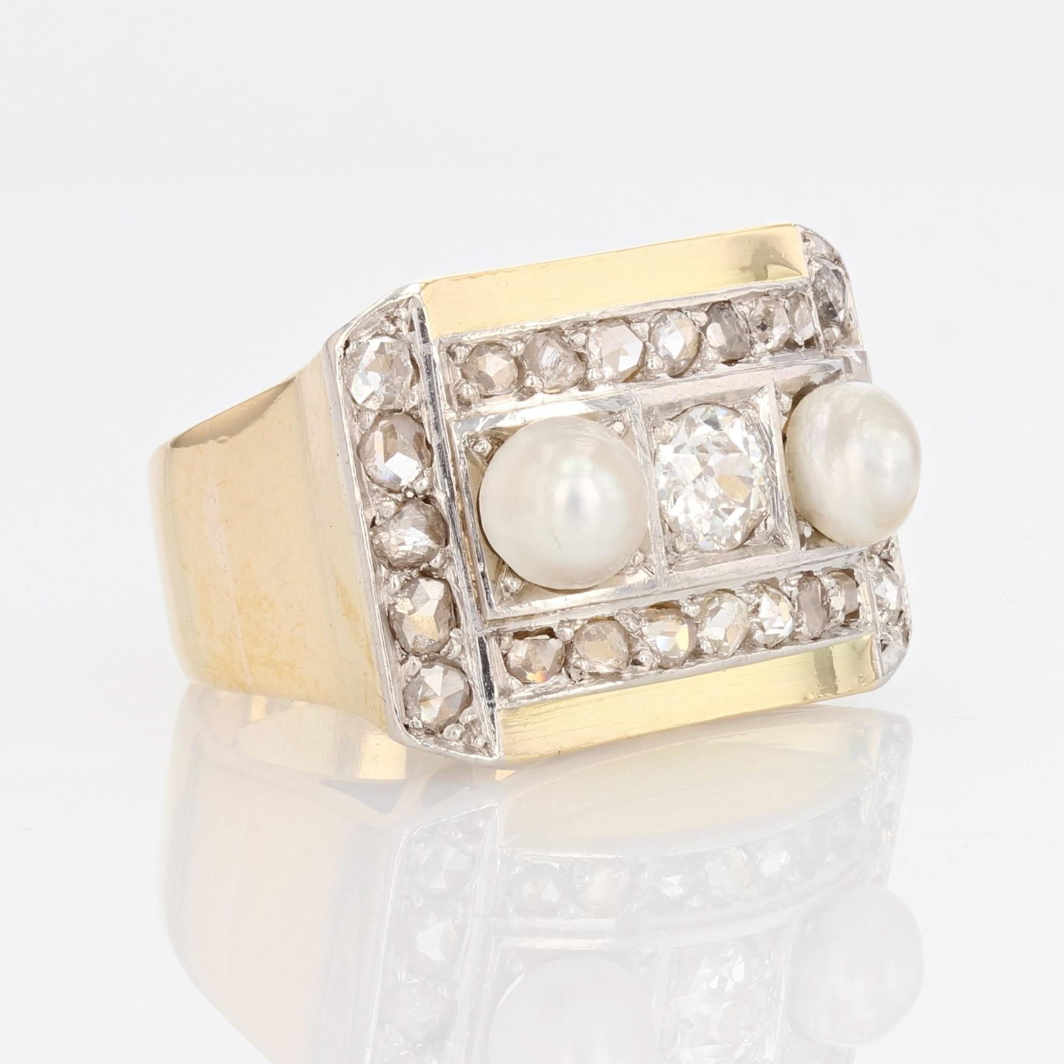 Bague de réservoir en or jaune 18 carats, perles naturelles et diamants, datant des années 1940 en vente 3