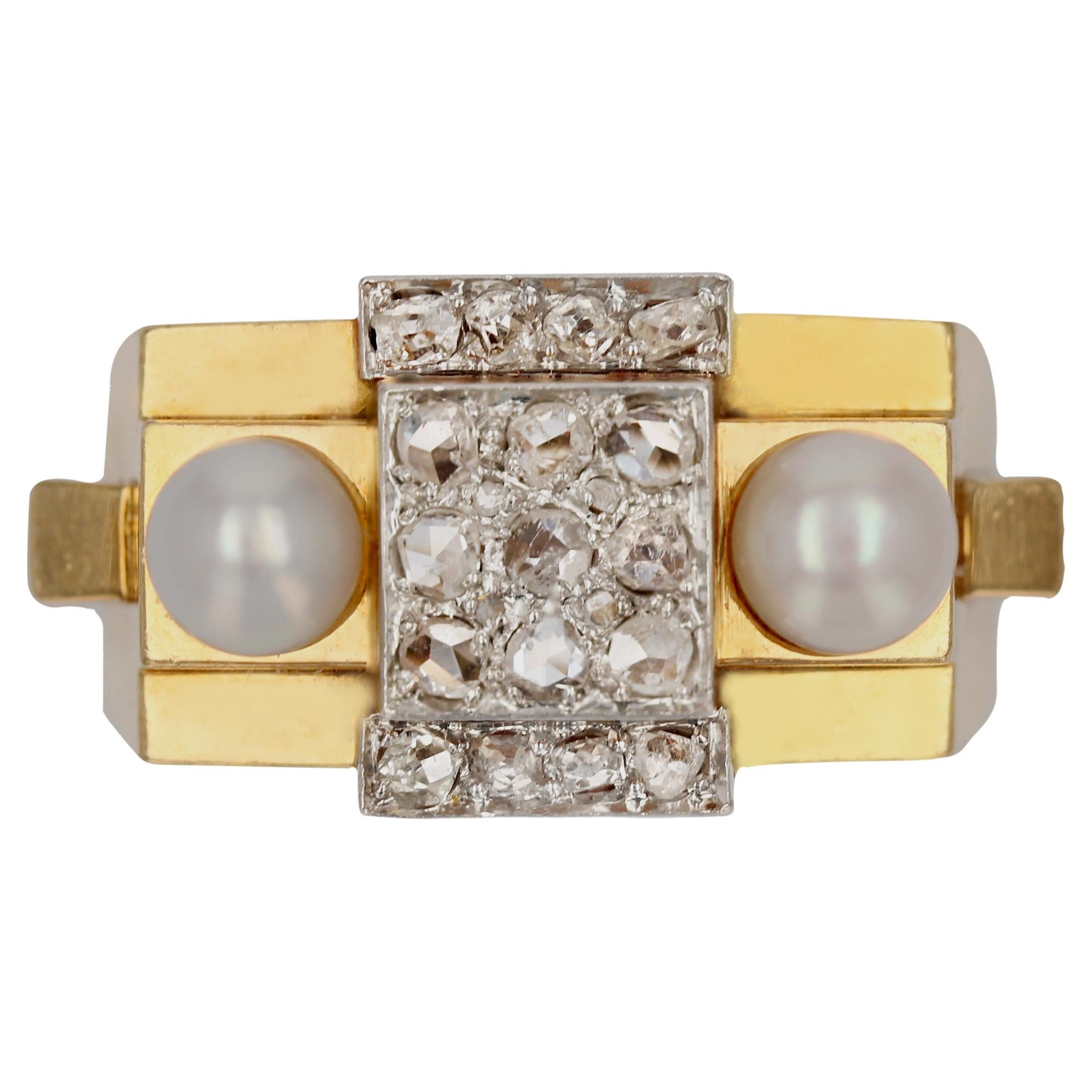 French 1940s Natural Pearl Diamonds 18 Karat Yellow Gold Tank Ring For Sale