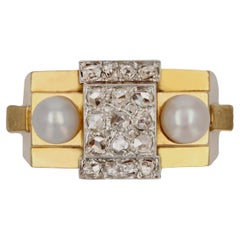 Vintage French 1940s Natural Pearl Diamonds 18 Karat Yellow Gold Tank Ring