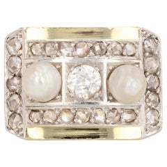 French 1940s Natural Pearl Diamonds 18 Karat Yellow Gold Tank Ring