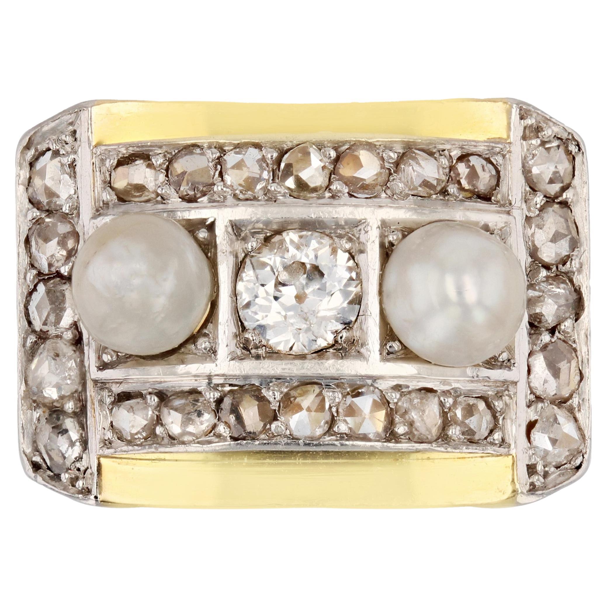 Anillo Tanque Francés 1940s Diamantes Perla Natural Oro Amarillo 18 Kilates en venta
