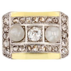 French 1940s Natural Pearl Diamonds 18 Karat Yellow Gold Tank Ring