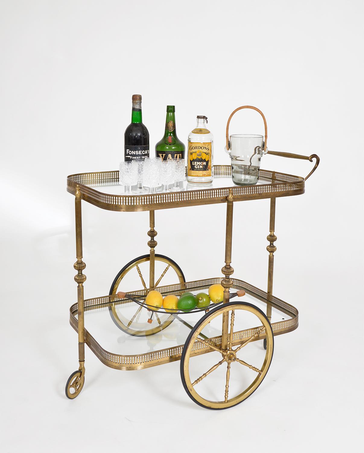 French 1940s Neoclassical Brass Bar Cart Drinks Serving Trolley Maison Jansen In Good Condition In Sherborne, Dorset