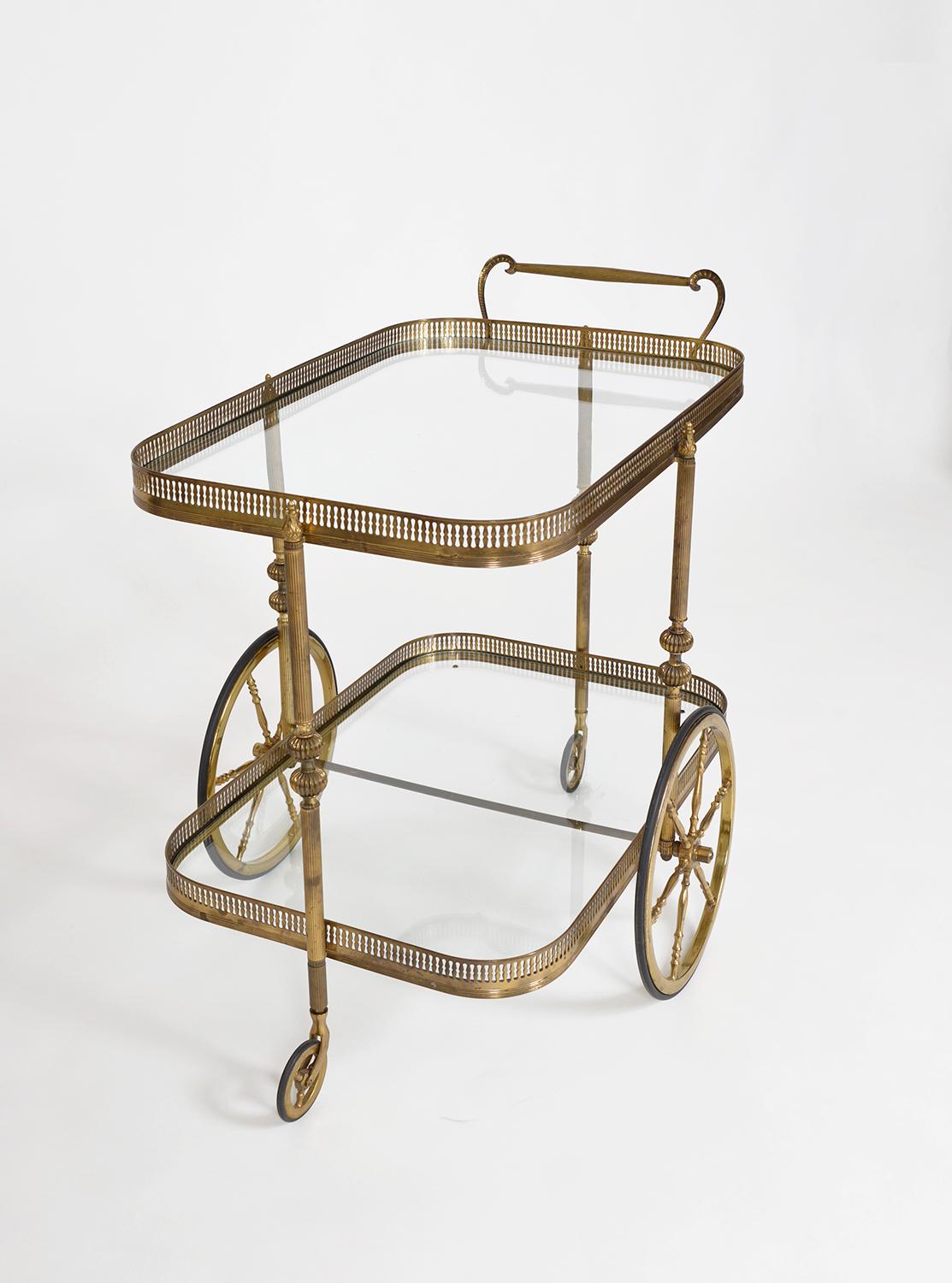Metal French 1940s Neoclassical Brass Bar Cart Drinks Serving Trolley Maison Jansen