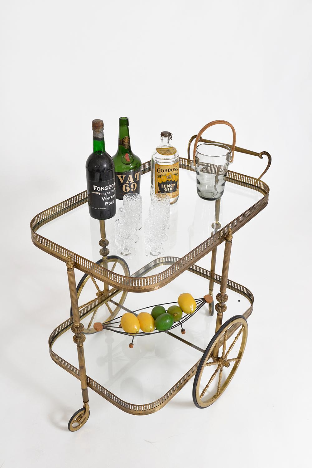 French 1940s Neoclassical Brass Bar Cart Drinks Serving Trolley Maison Jansen 2