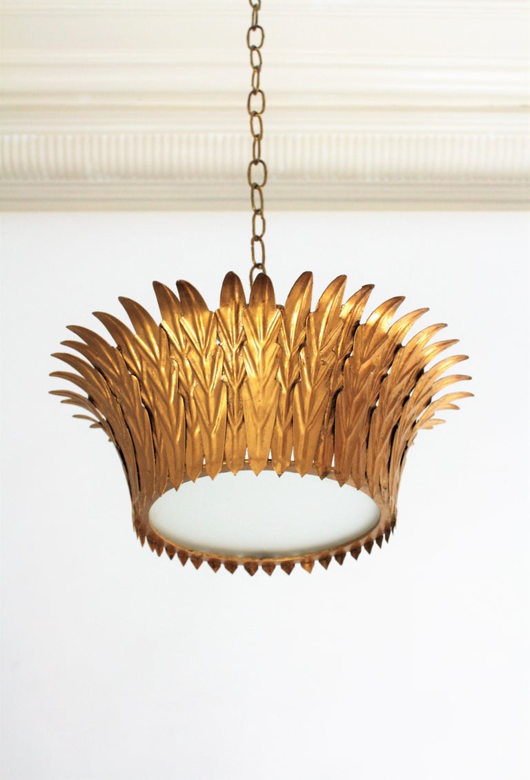 French Gilt Metal Sunburst Crown Light Fixture Pendant With