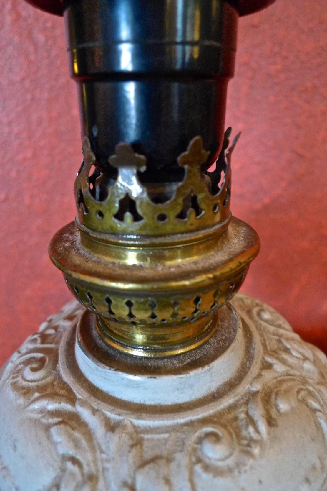 Hand-Painted French 1940s Painted Metal Table Lamp with Wax Shade