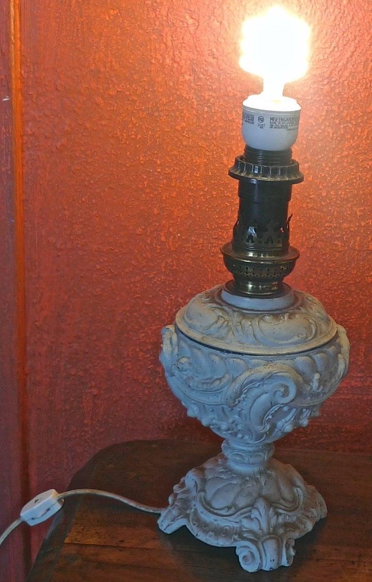 French 1940s Painted Metal Table Lamp with Wax Shade. US wired.