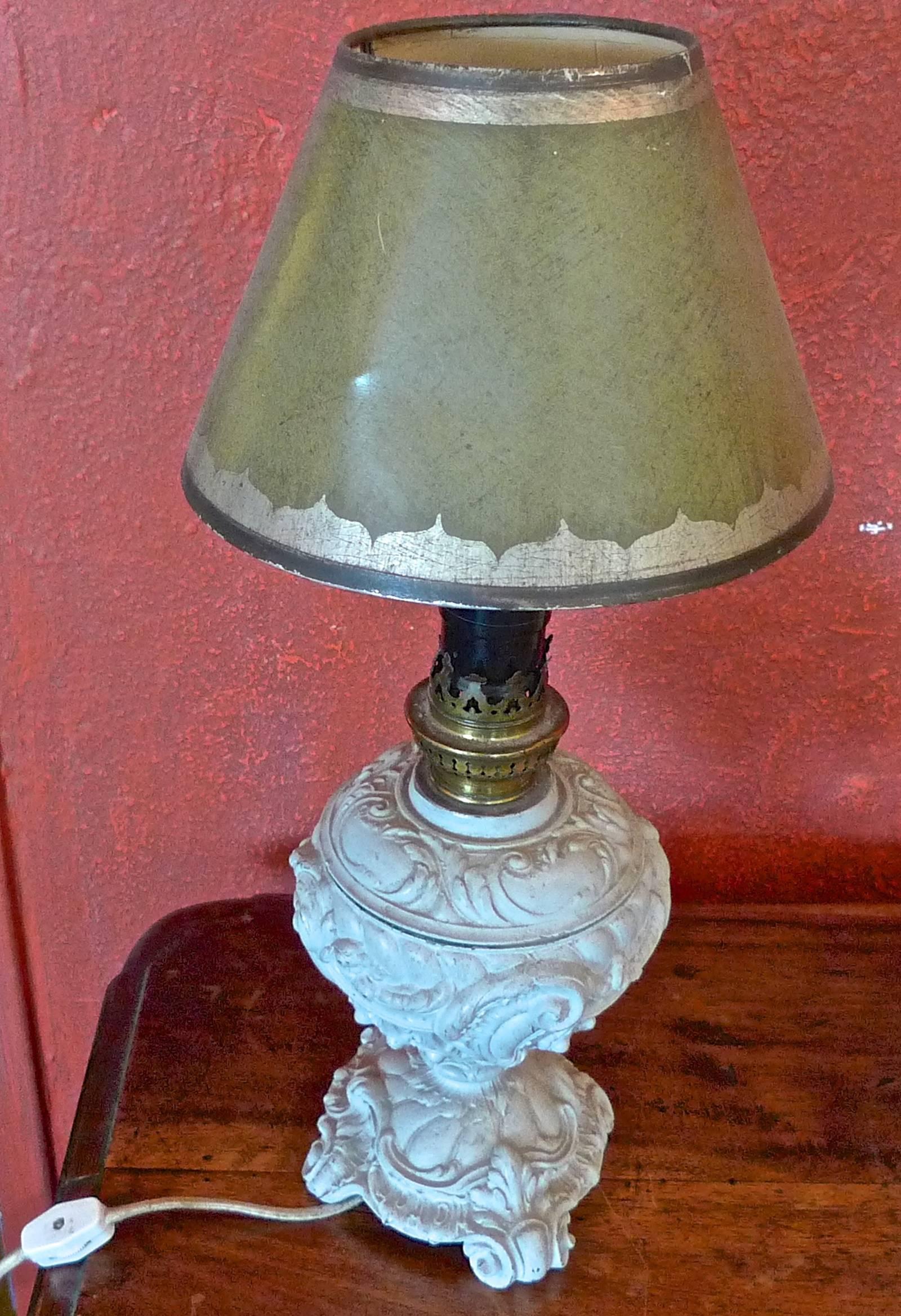 French 1940s Painted Metal Table Lamp with Wax Shade In Distressed Condition In Santa Monica, CA