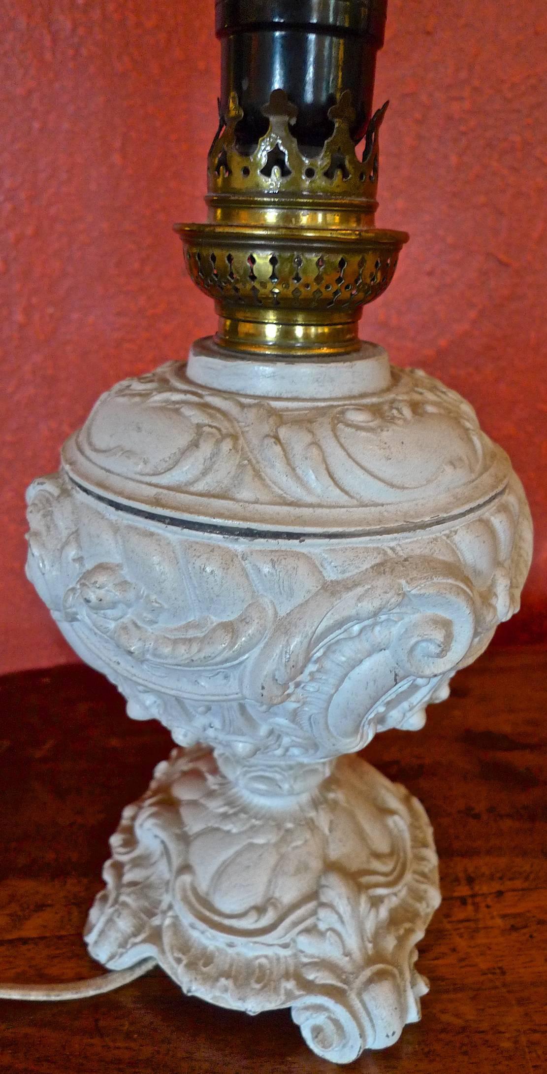 French 1940s Painted Metal Table Lamp with Wax Shade 1