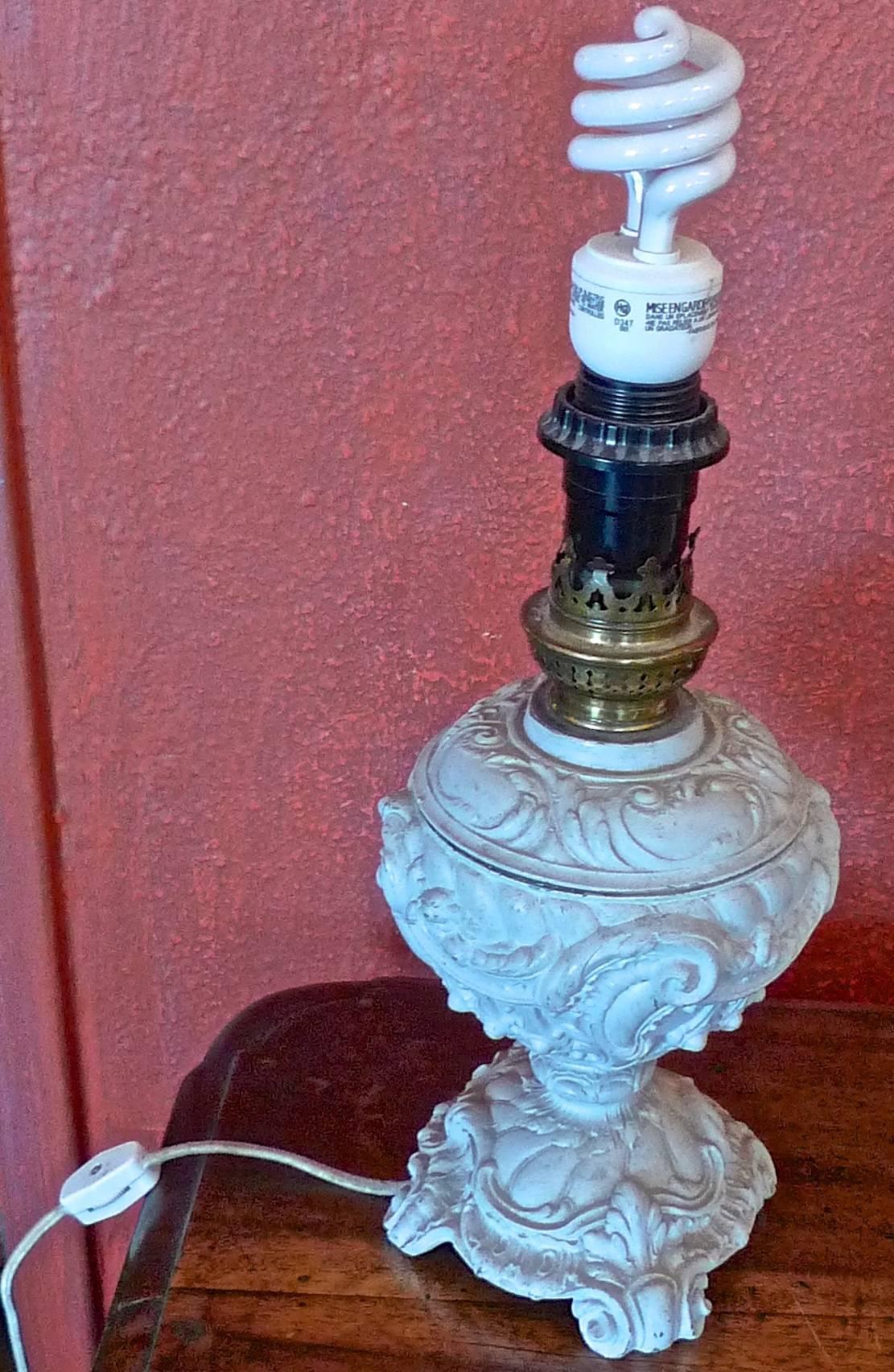 French 1940s Painted Metal Table Lamp with Wax Shade 2