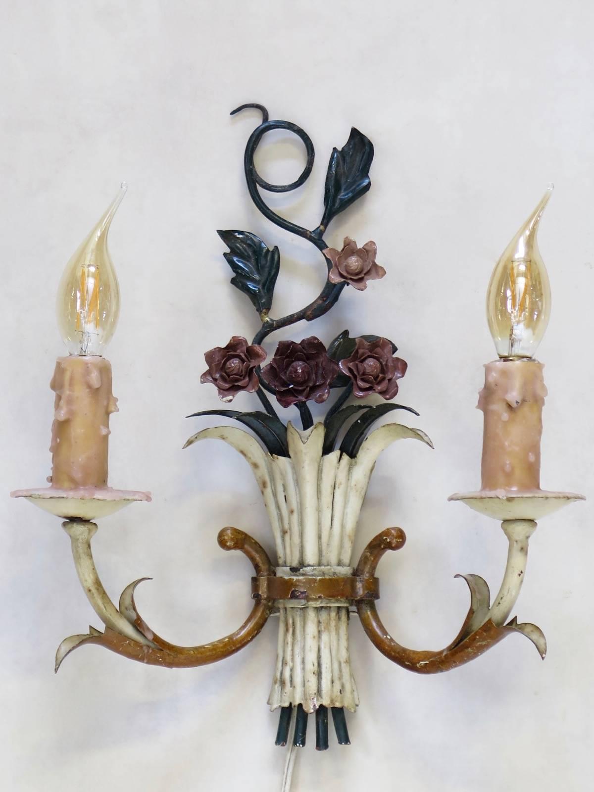 French 1940s Painted Tole Chandelier and Two Sconces For Sale 5