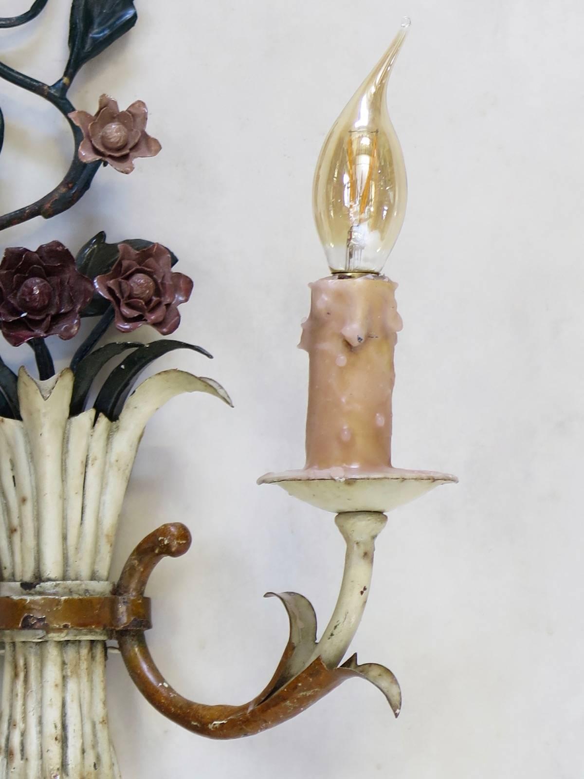French 1940s Painted Tole Chandelier and Two Sconces For Sale 8