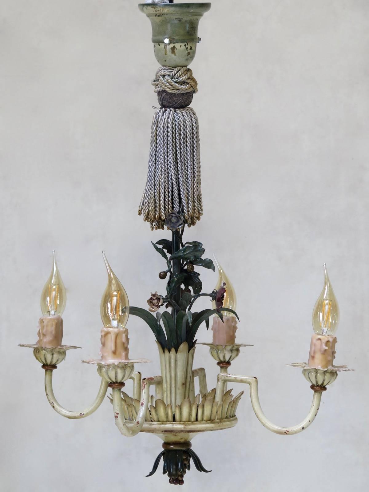 Art Deco French 1940s Painted Tole Chandelier and Two Sconces For Sale