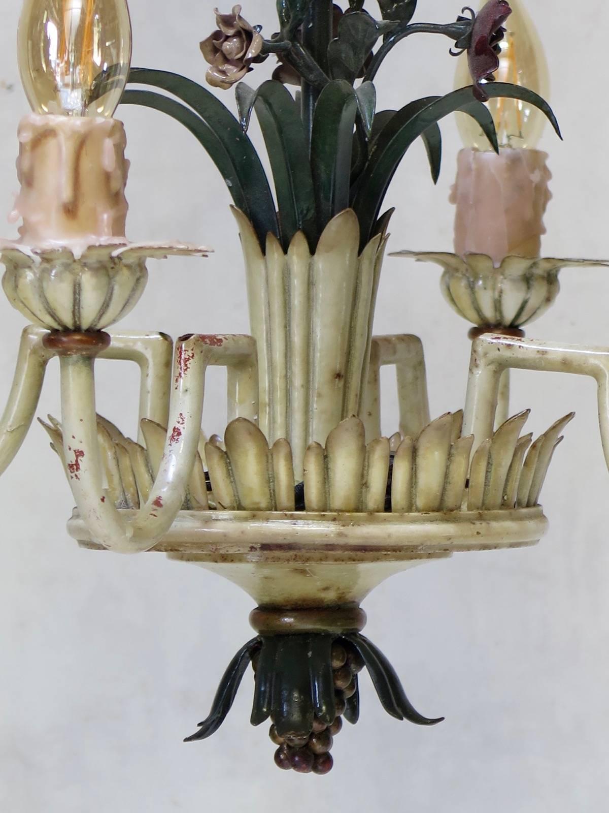 French 1940s Painted Tole Chandelier and Two Sconces For Sale 2