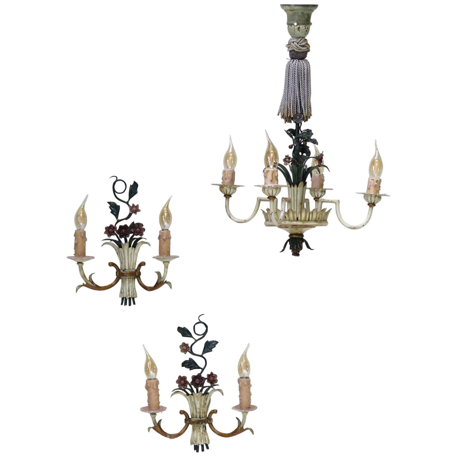 French 1940s Painted Tole Chandelier and Two Sconces For Sale